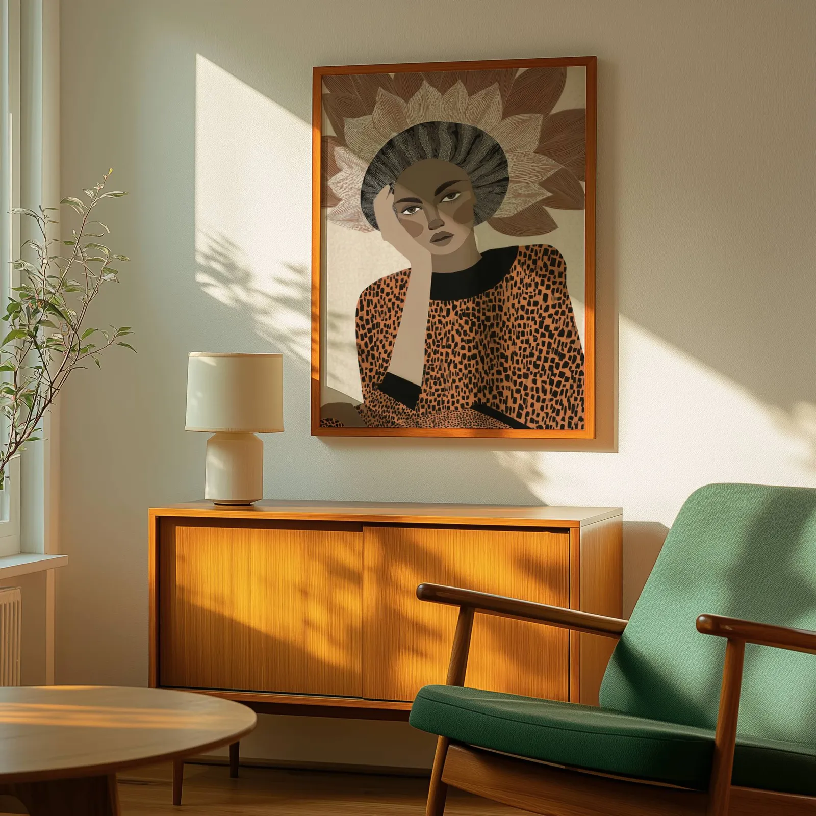 terracotta abstract woman portrait wall art with petal crown, above a wooden sideboard with a ceramic lamp and dappled sunlight