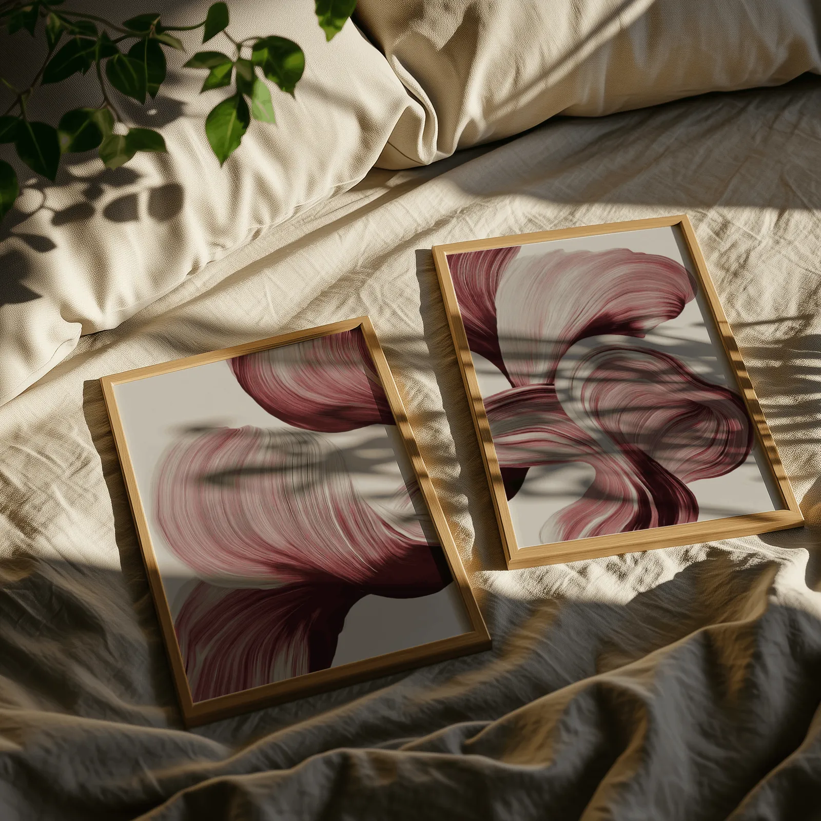 burgundy abstract floral wall art set of two, resting on rumpled linen sheets with dappled leaf shadows
