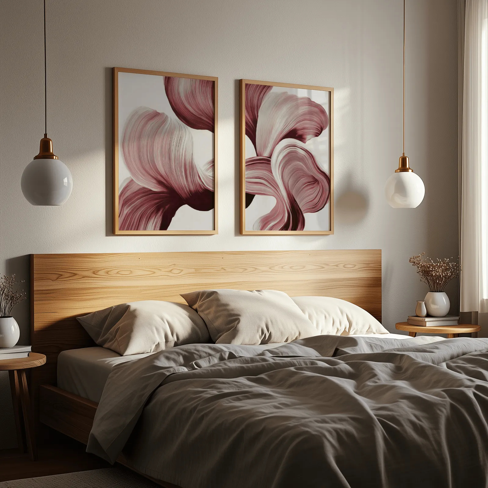 burgundy abstract floral wall art set of two, above a wooden headboard flanked by globe pendant lights