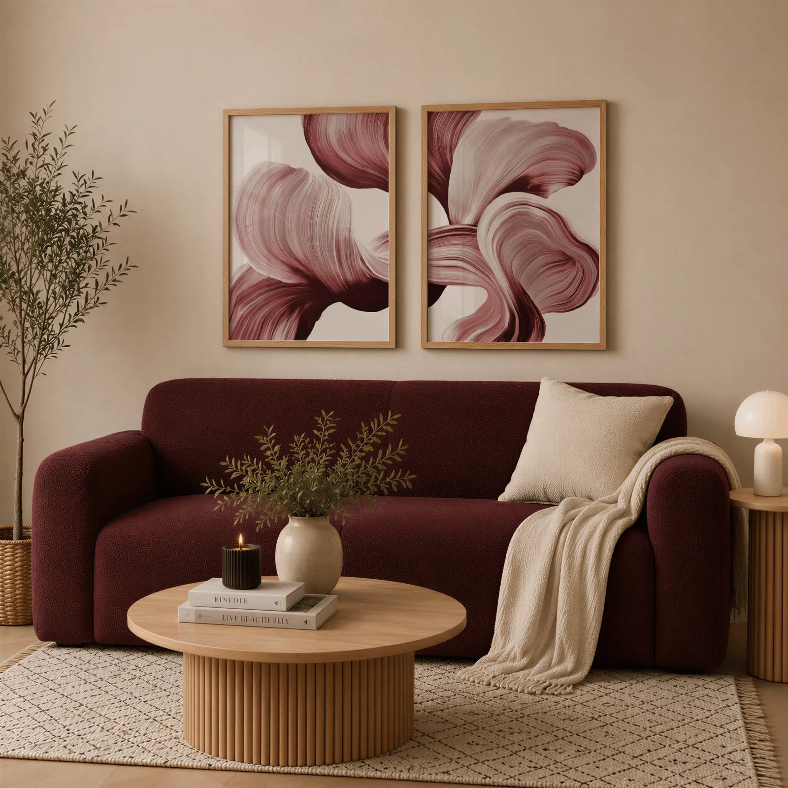 burgundy abstract floral wall art set of two, above a deep burgundy boucle sofa with cream throw