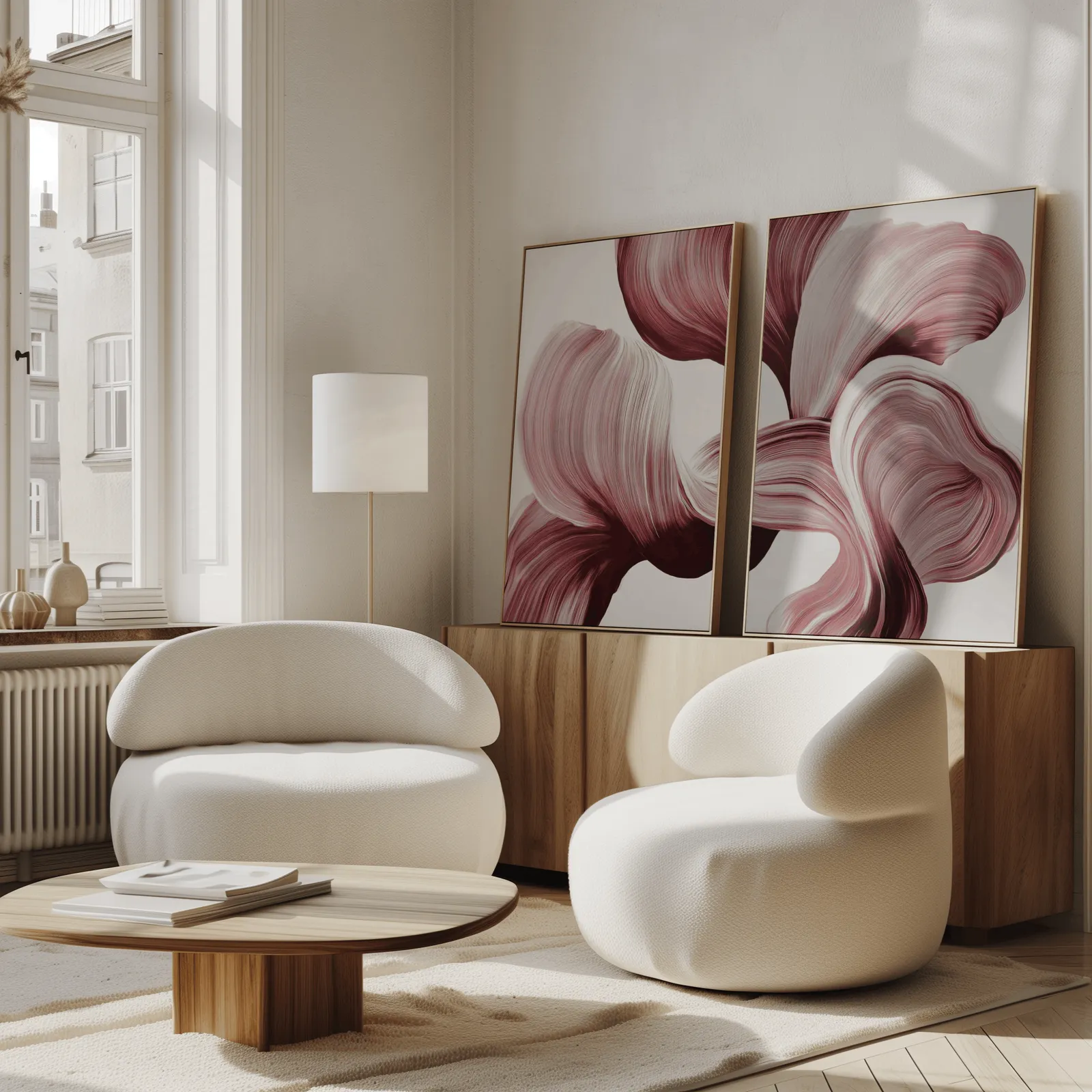 burgundy abstract floral wall art set of two, propped against a wooden sideboard beside boucle armchairs
