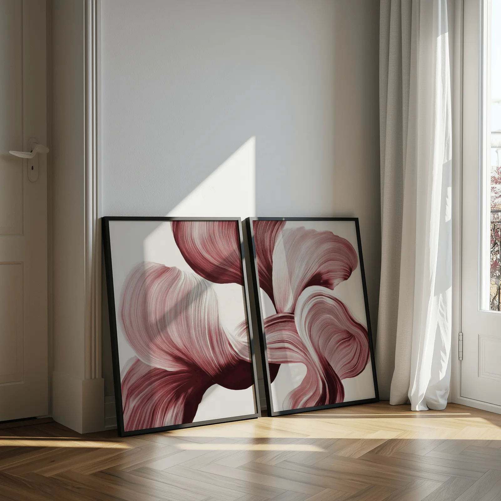 burgundy abstract floral wall art set of two, leaning against a sunlit wall by herringbone floor and sheer curtains