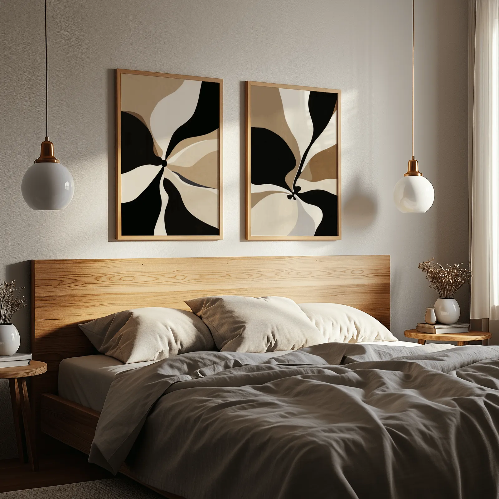 black and beige abstract wall art set of 2, above a wooden headboard flanked by globe pendant lights