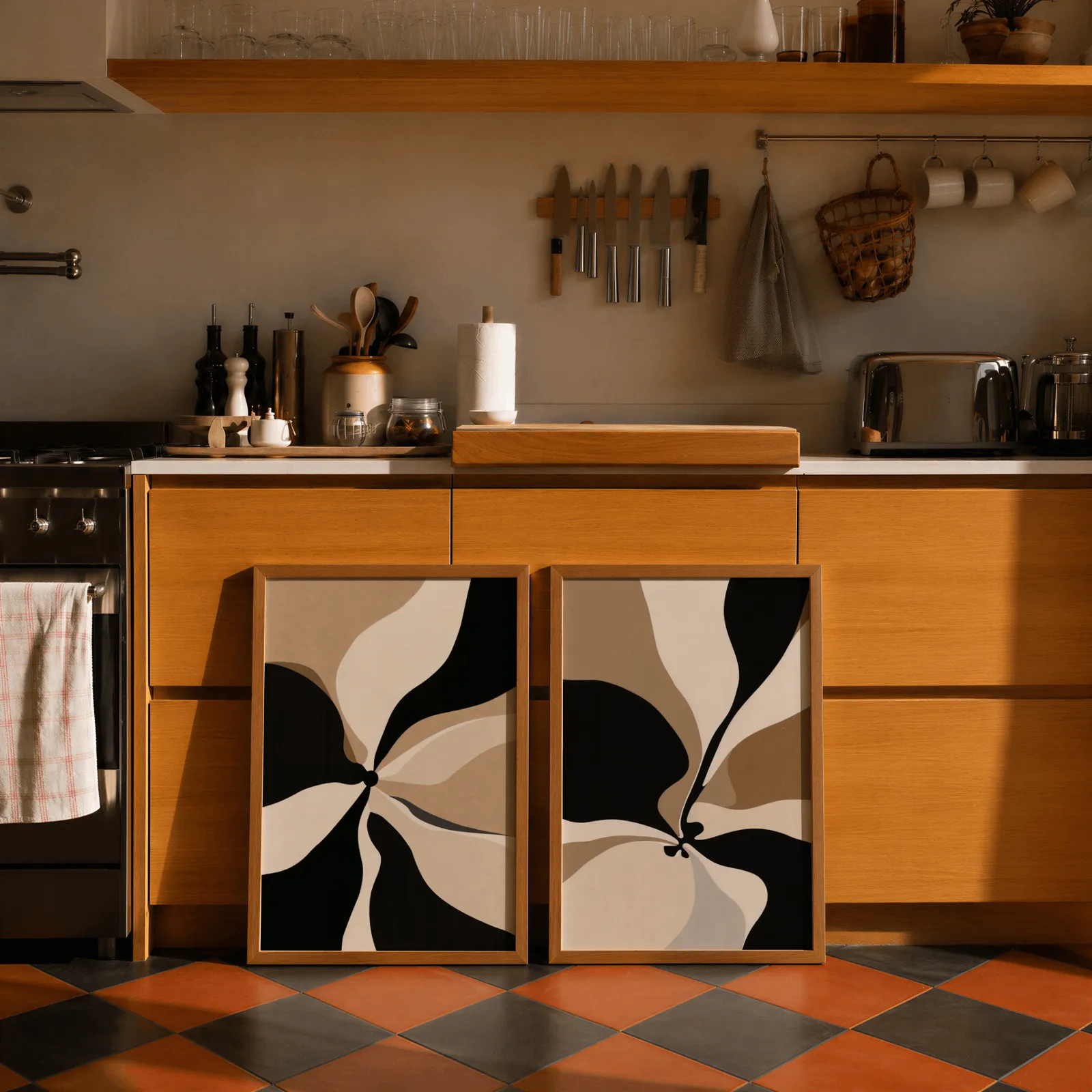 black and beige abstract wall art set of 2, leaning against wooden cabinets on terracotta tiled floor