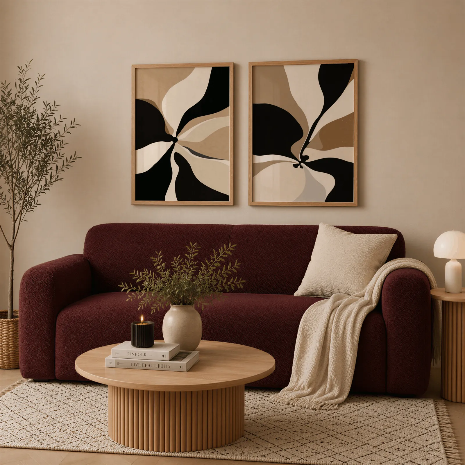 black and beige abstract wall art set of 2, above a deep burgundy boucle sofa with cream throw