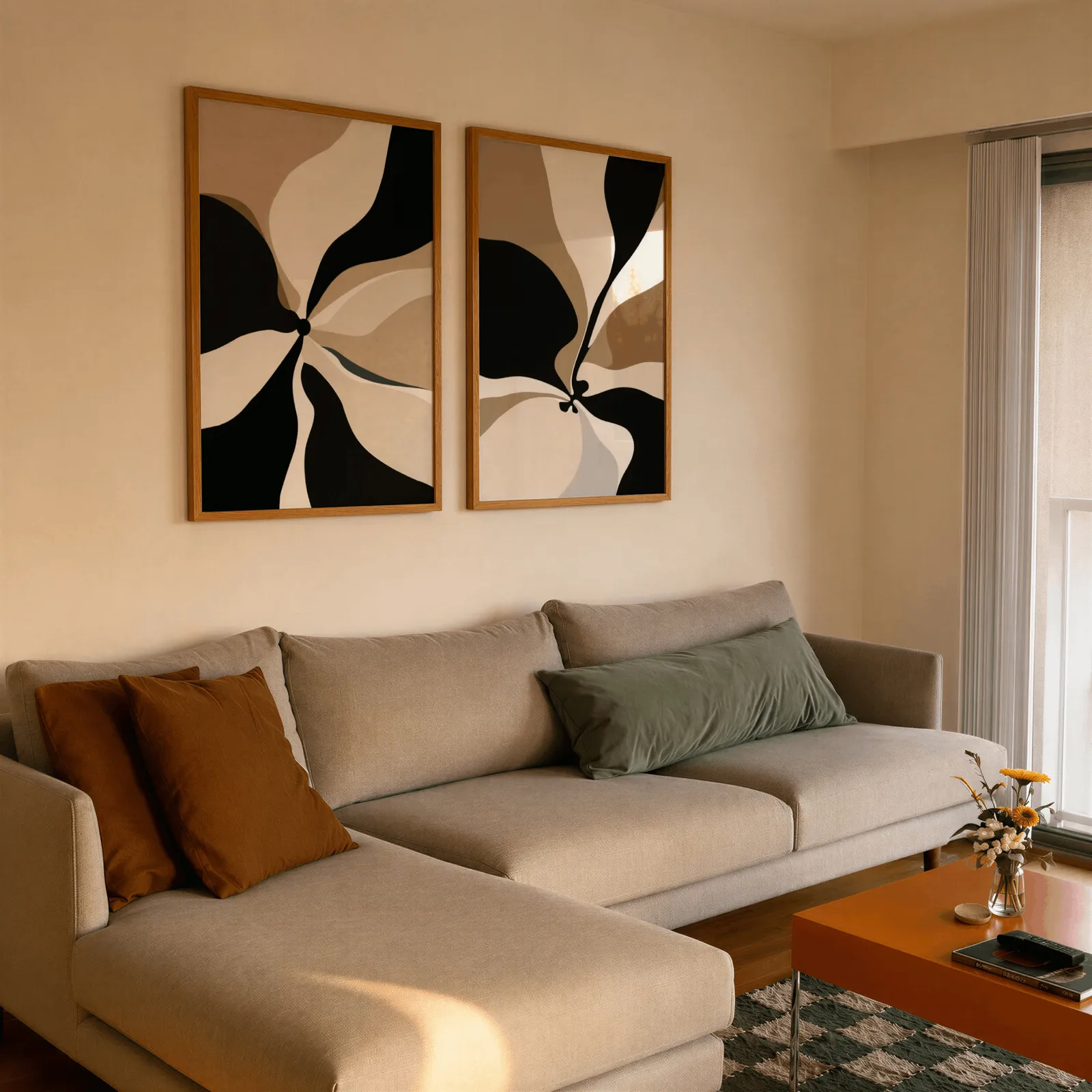 black and beige abstract wall art set of 2, side by side above a beige sectional sofa