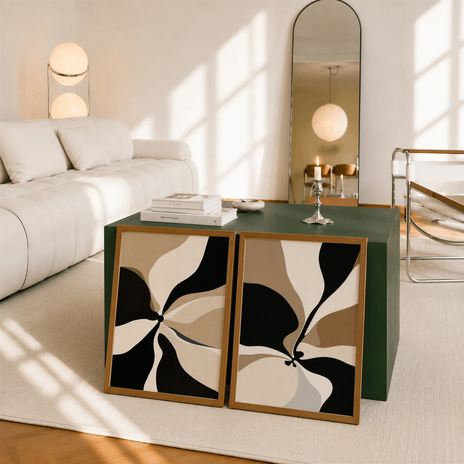 black and beige abstract wall art set of 2, leaning against a dark green cube table beside an arched mirror