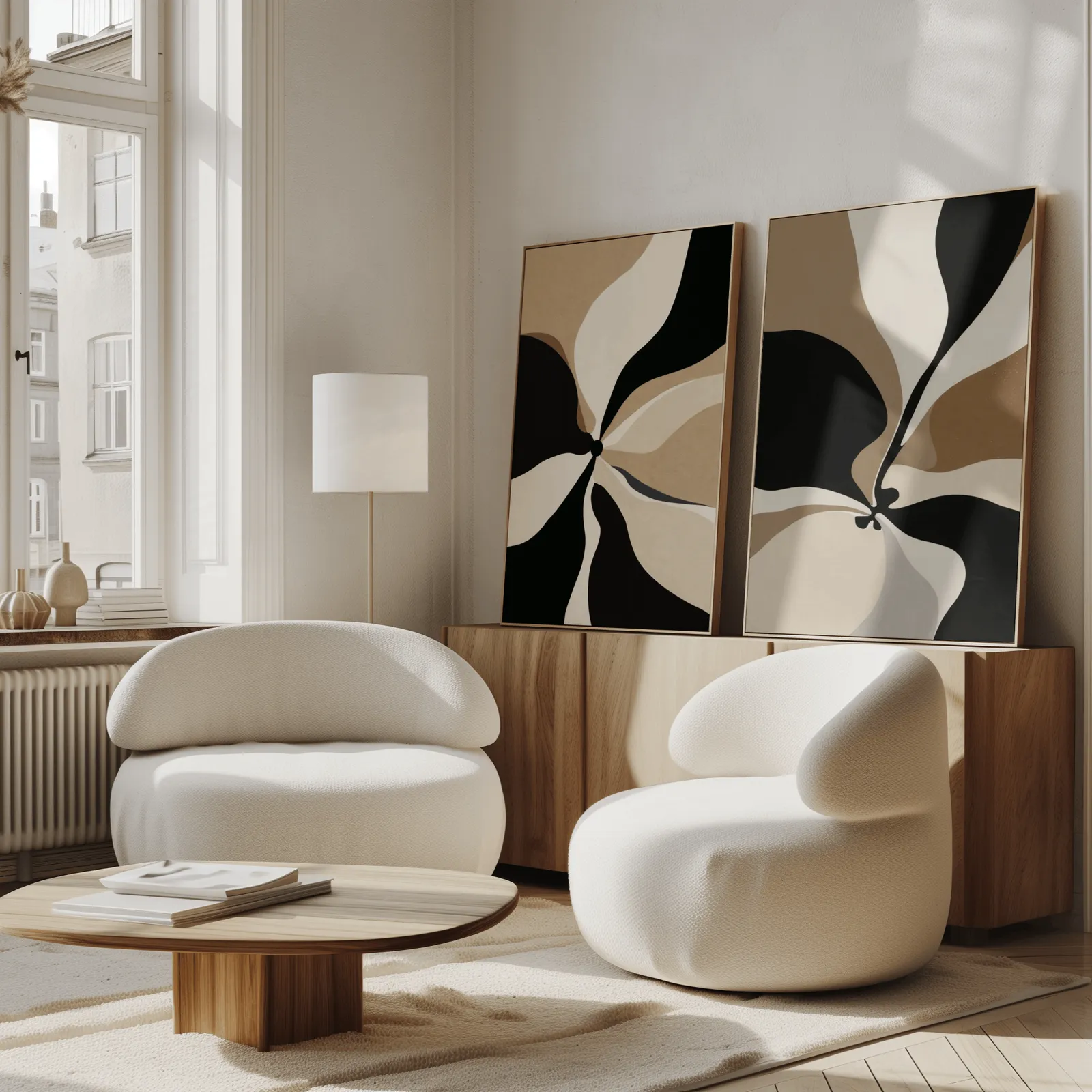 black and beige abstract wall art set of 2, propped against a wooden sideboard beside boucle armchairs
