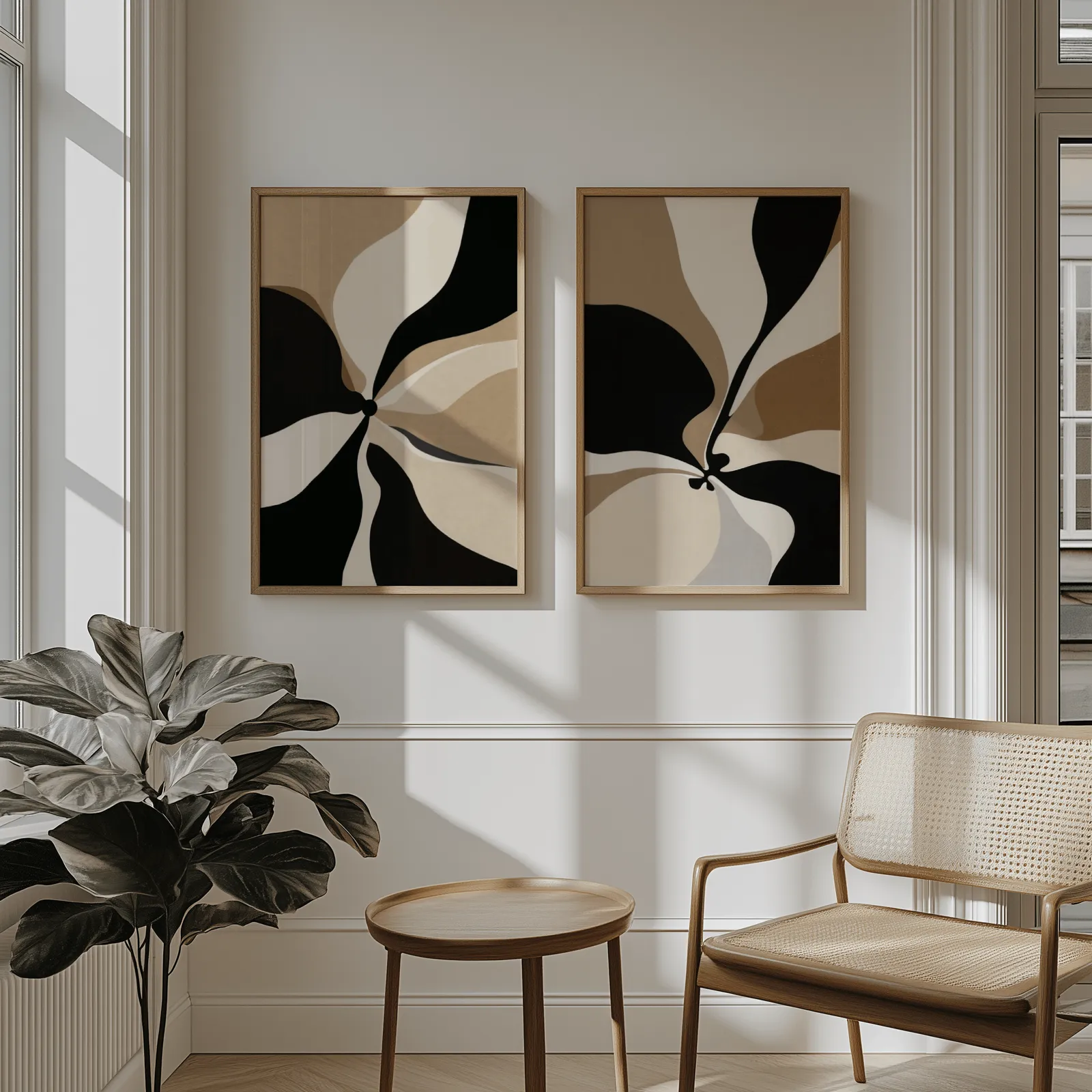 black and beige abstract wall art set of 2, above wainscoting beside a cane armchair and fiddle-leaf fig