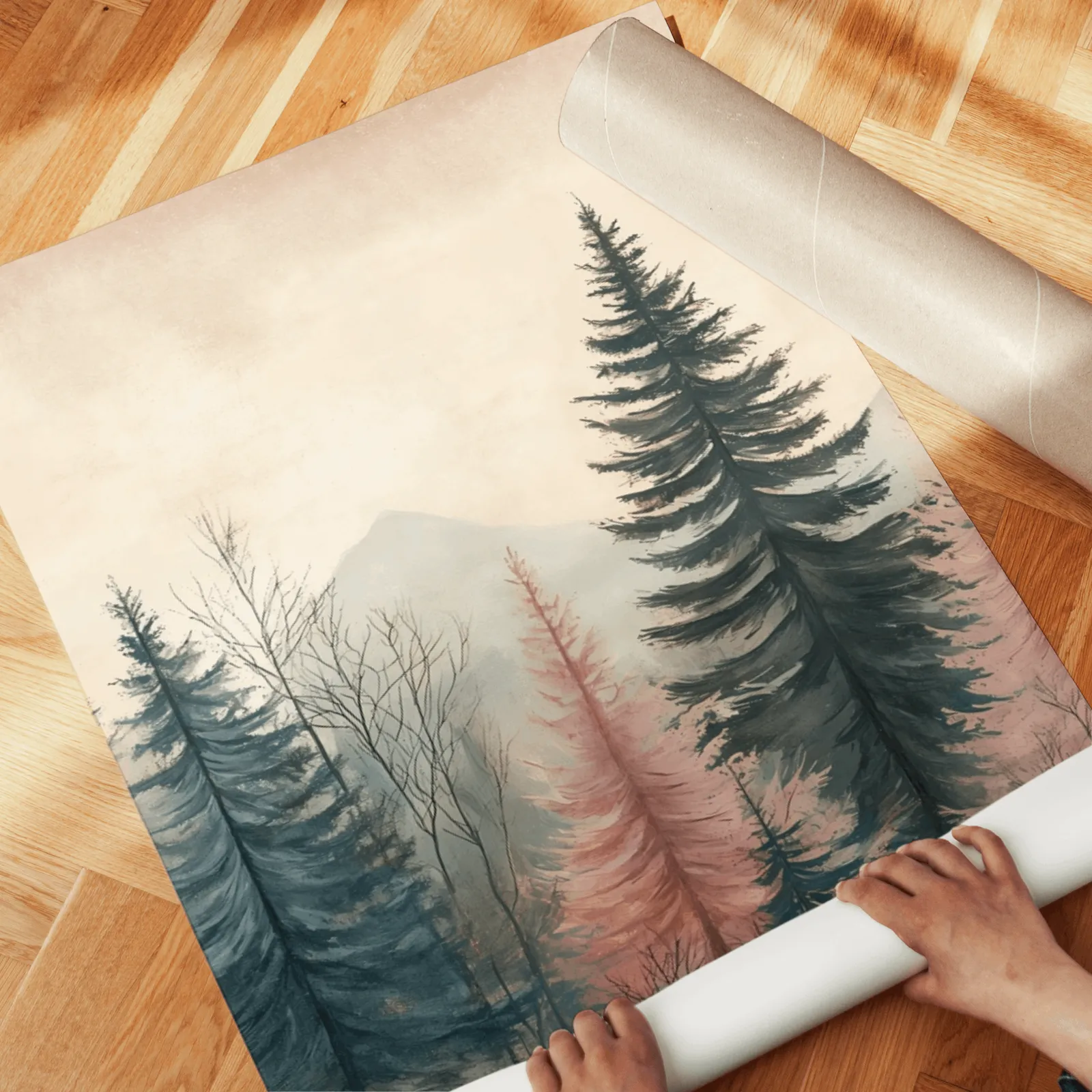 blue and pink pine forest triptych wall art, unrolled across a herringbone wood floor by hand