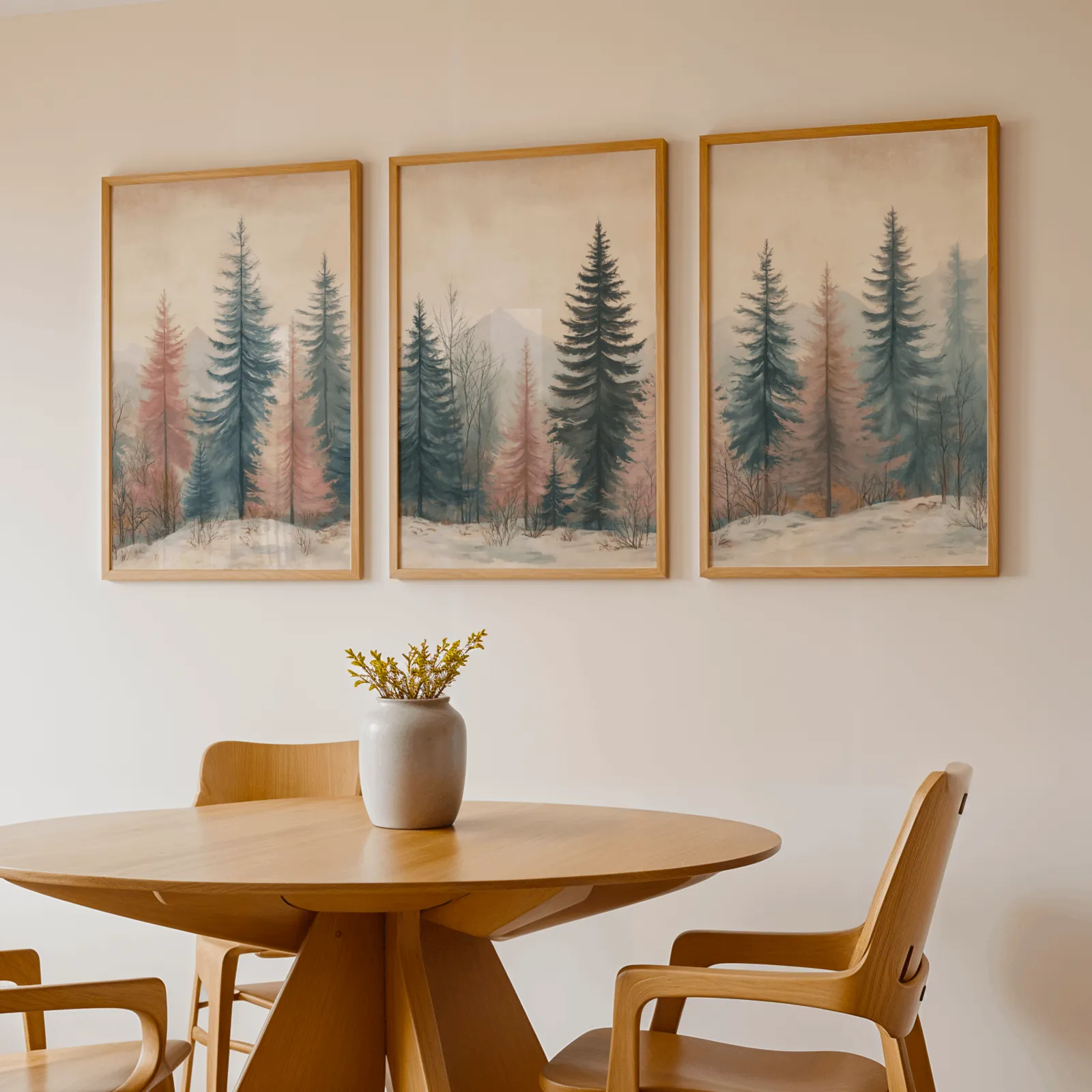 blue and pink pine forest triptych wall art, above a round wooden table with a stoneware vase