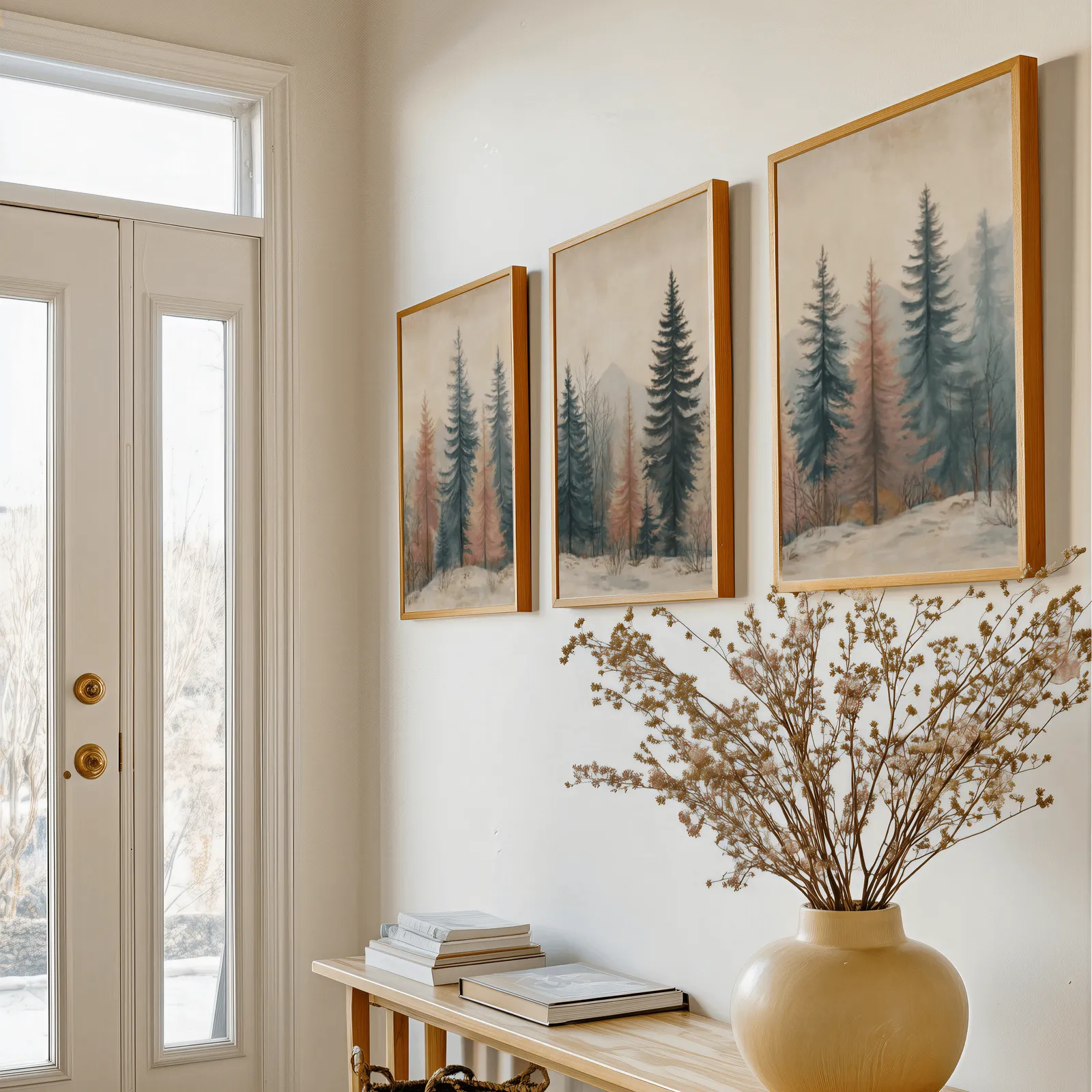 blue and pink pine forest triptych wall art, above a console table with a yellow vase of dried branches