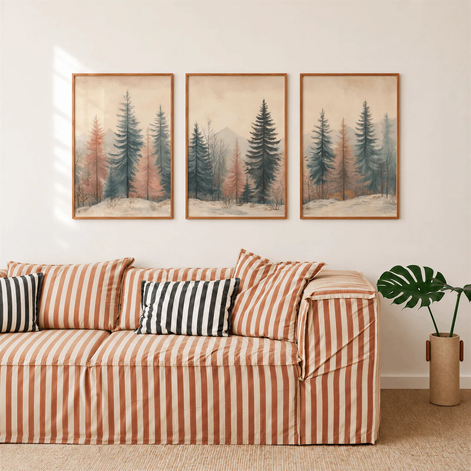blue and pink pine forest triptych wall art, above a rust-striped sofa beside a potted monstera