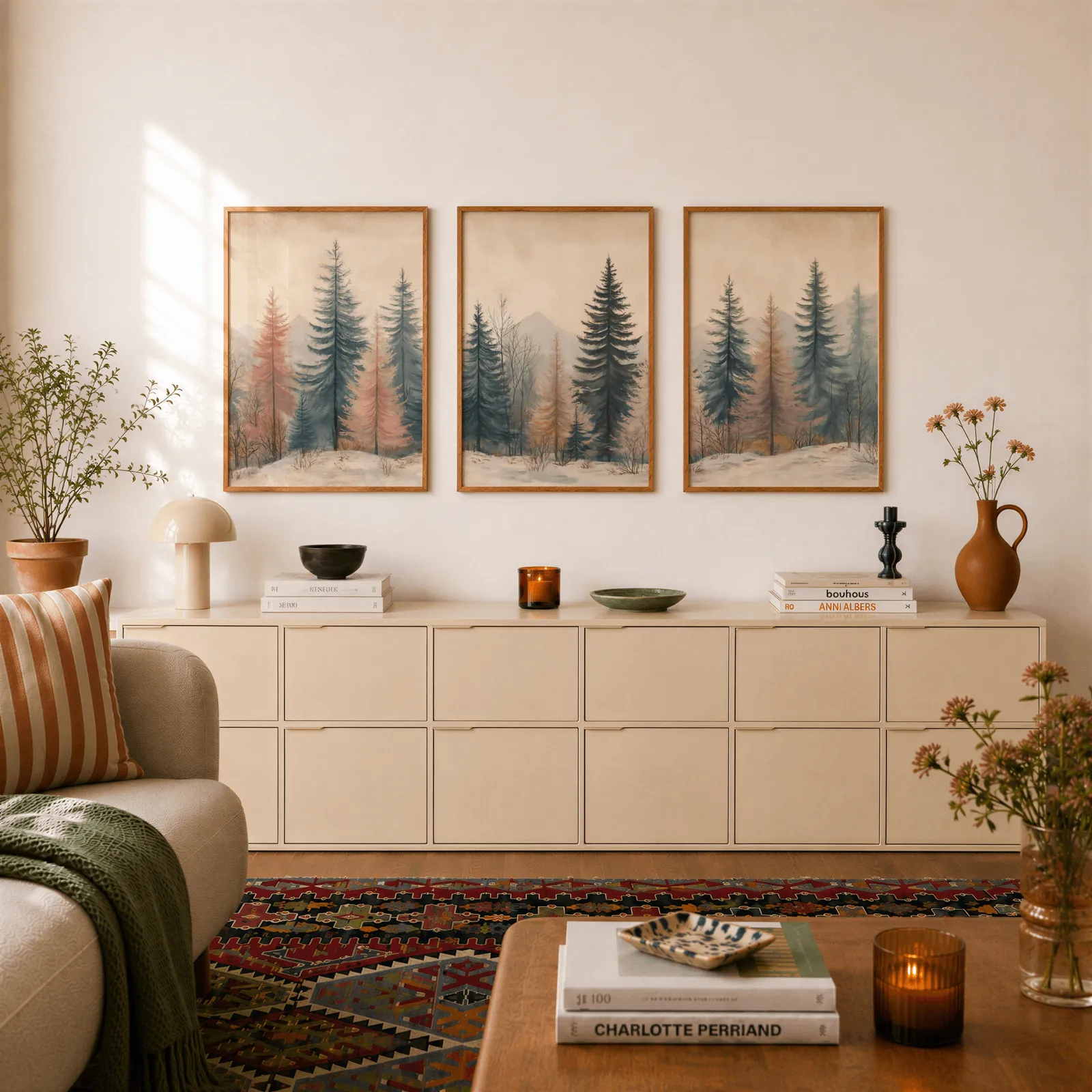 blue and pink pine forest triptych wall art, above a long cream sideboard topped with books and a terracotta jug