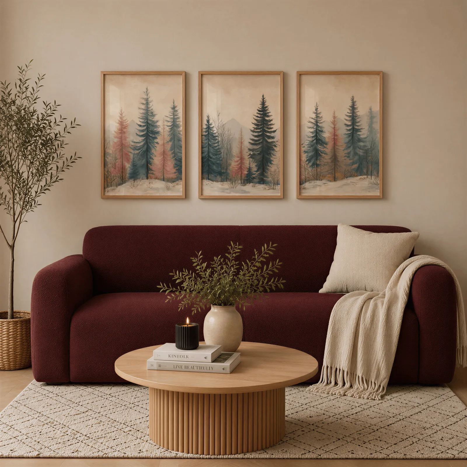 blue and pink pine forest triptych wall art, above a burgundy boucle sofa with a cream throw
