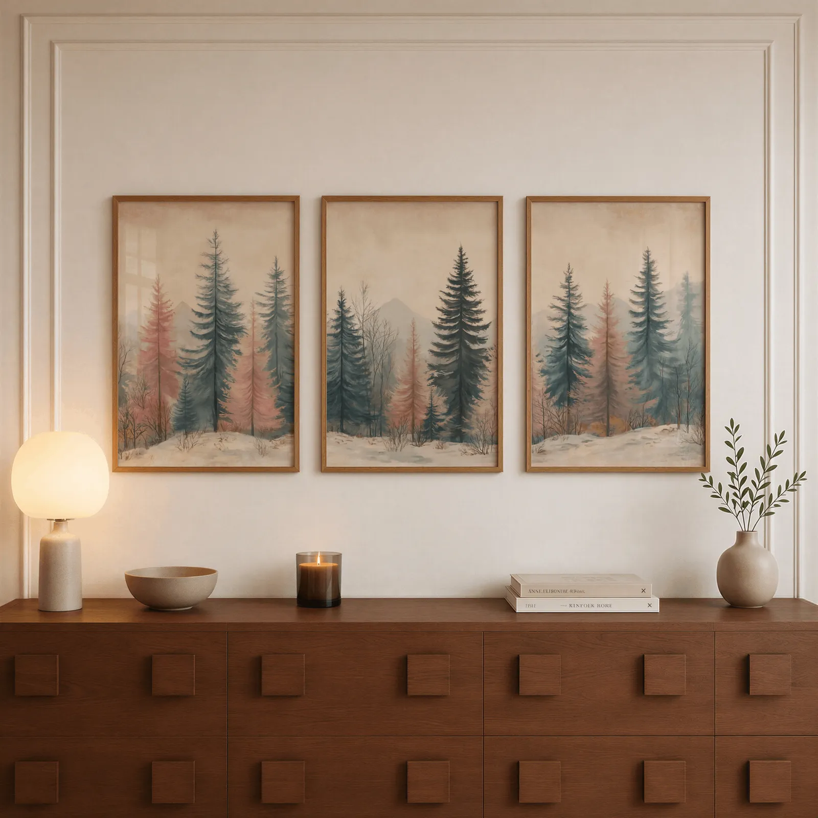 blue and pink pine forest triptych wall art, above a walnut sideboard with a lit candle and glowing lamp