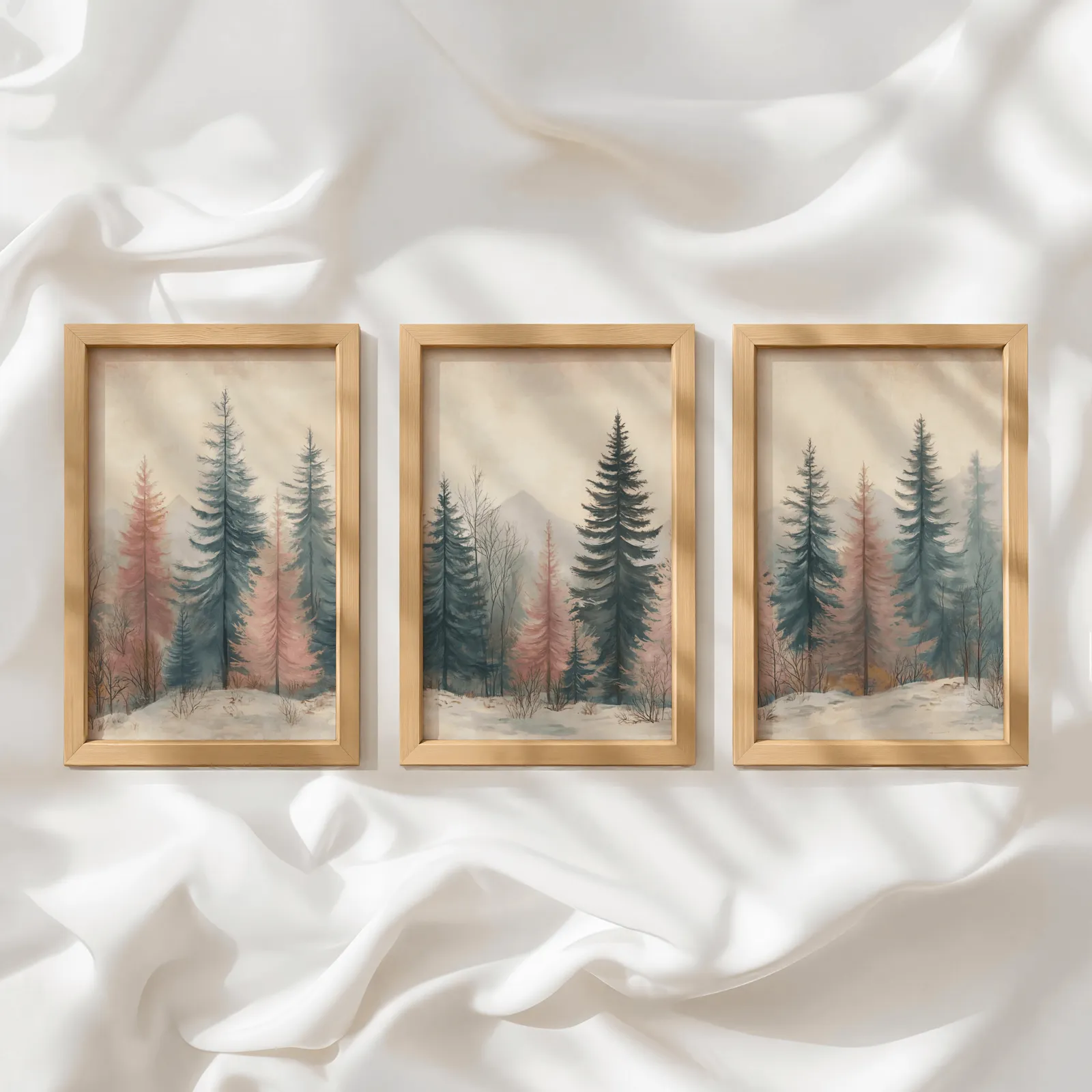 blue and pink pine forest triptych wall art, in a row atop rumpled white silky fabric