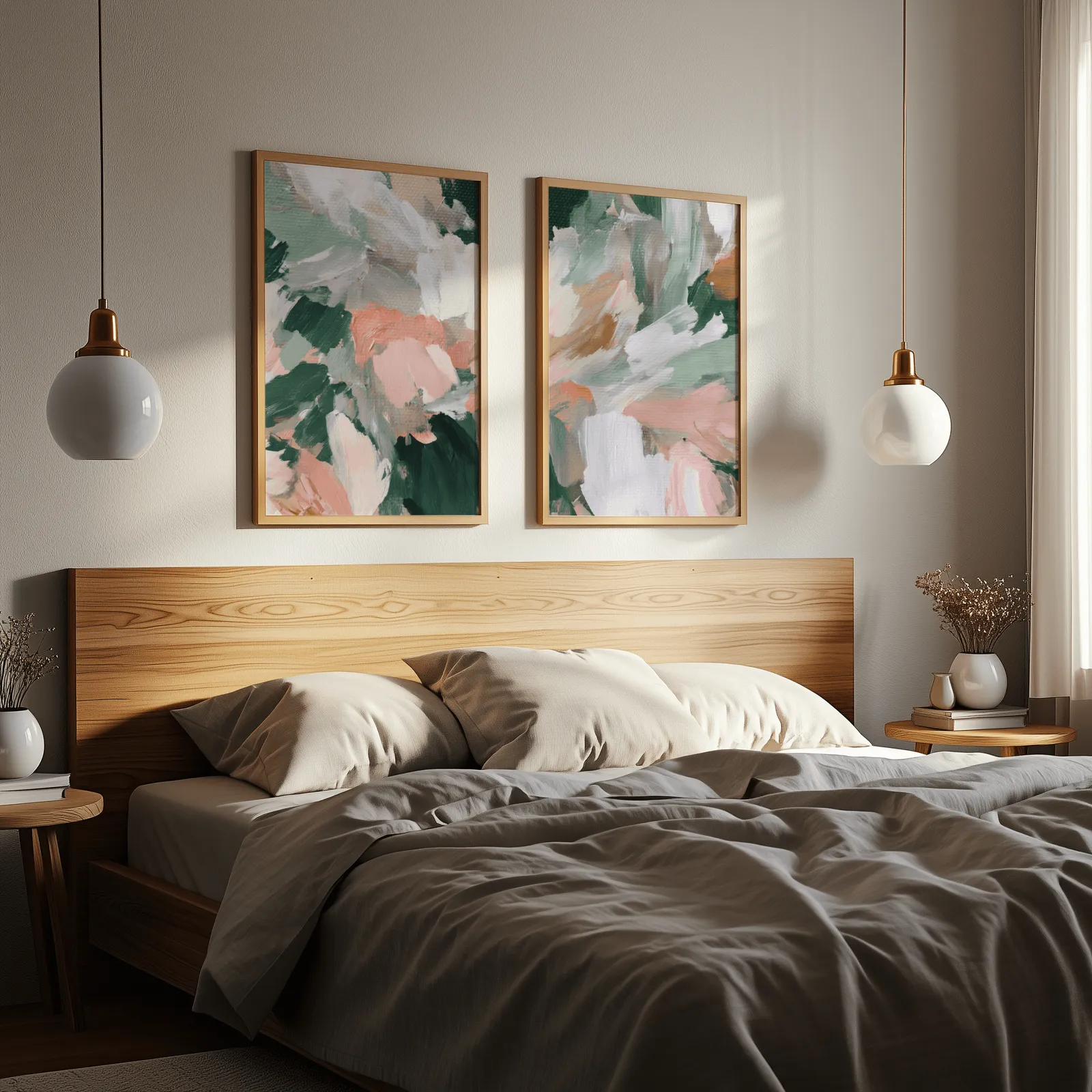 pink and green abstract floral wall art set of two, above a wooden headboard flanked by globe pendant lights