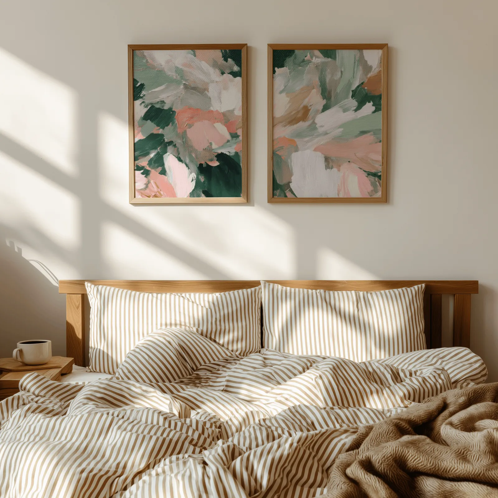 pink and green abstract floral wall art set of two, above a wooden headboard with striped bedding and raking sunlight