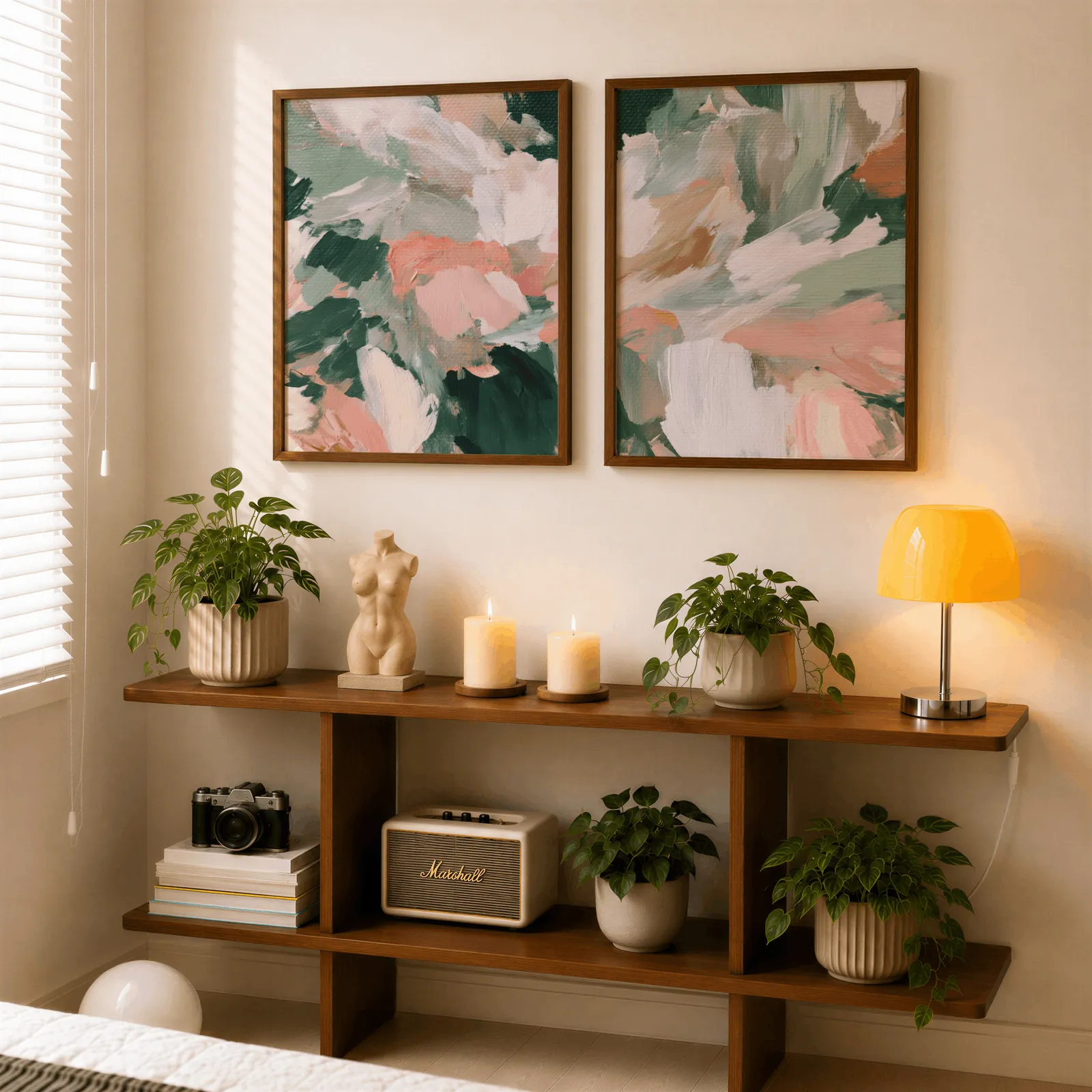 pink and green abstract floral wall art set of two, above a wooden console shelf with potted plants and a yellow lamp