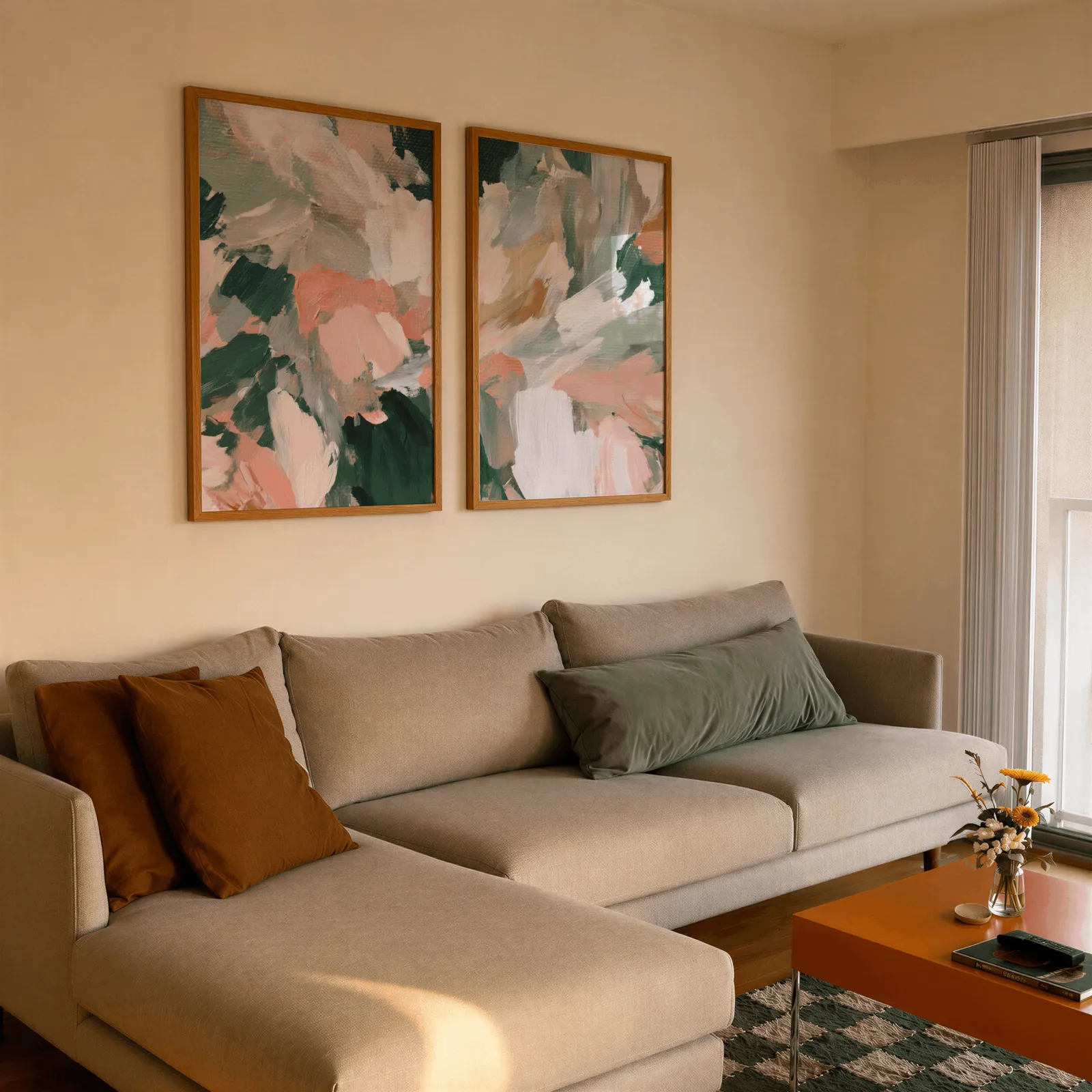 pink and green abstract floral wall art set of two, side by side above a beige sectional sofa