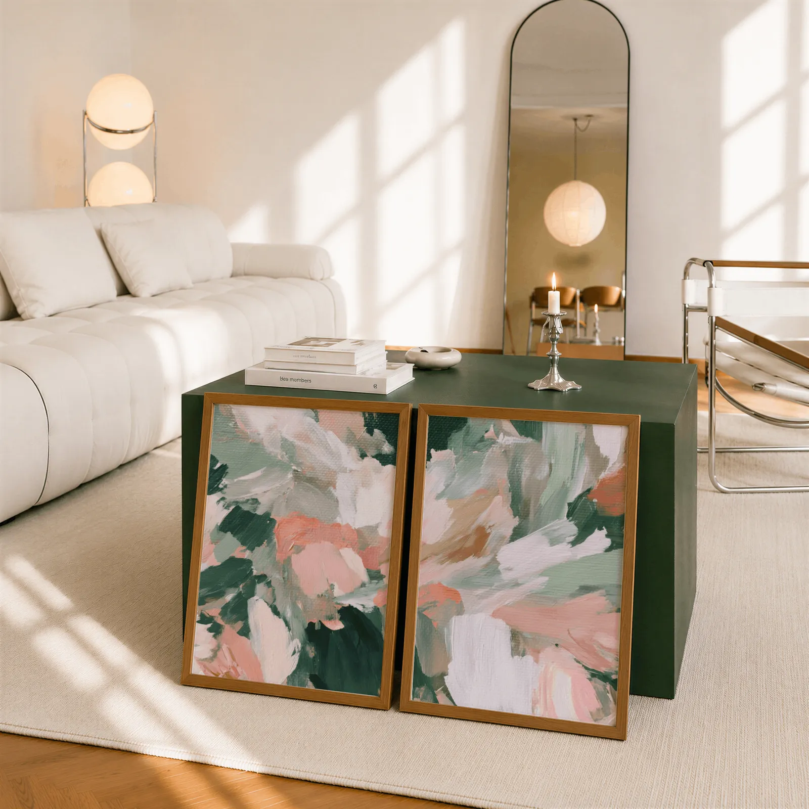 pink and green abstract floral wall art set of two, leaning against a dark green cube table beside an arched mirror