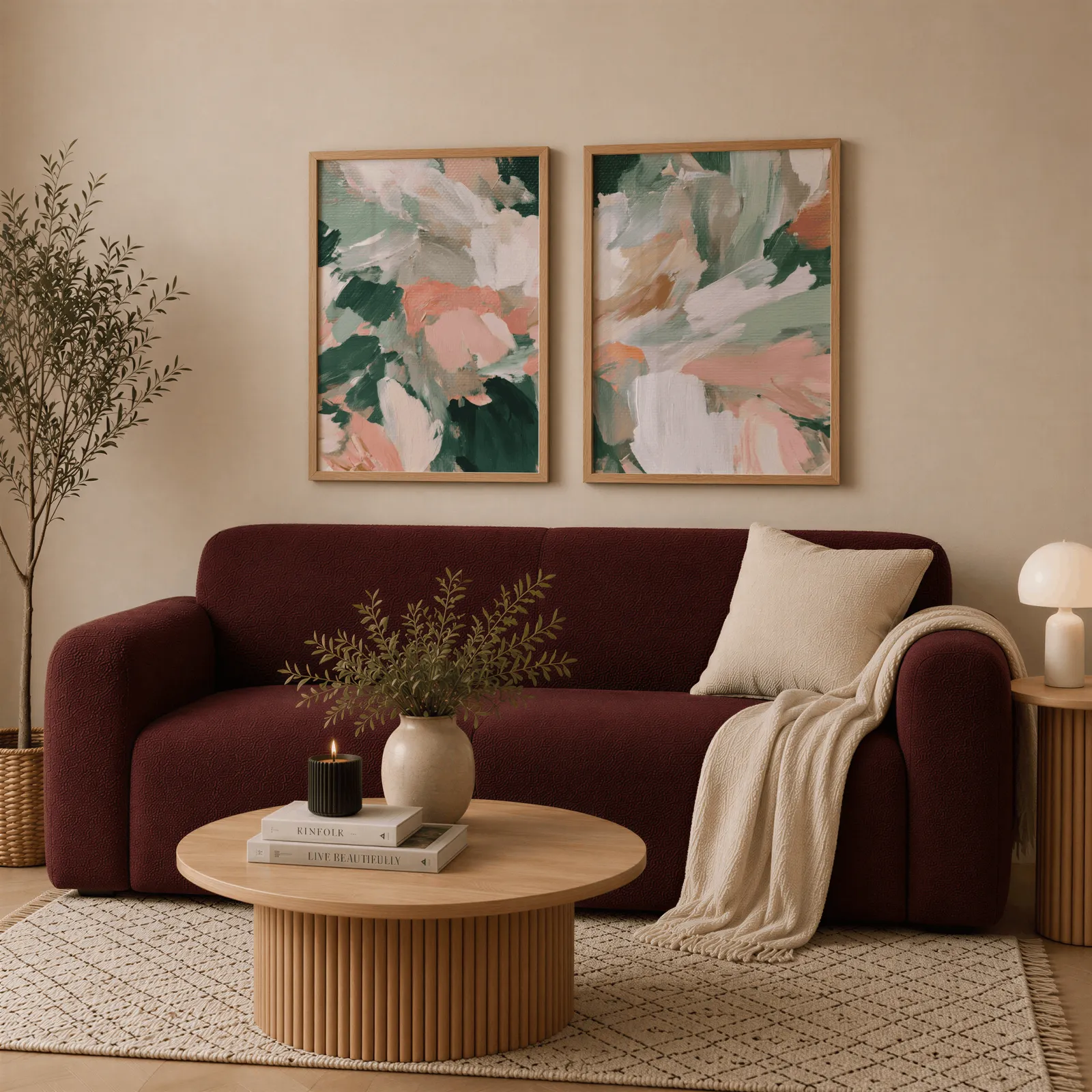 pink and green abstract floral wall art set of two, above a deep burgundy boucle sofa with cream throw