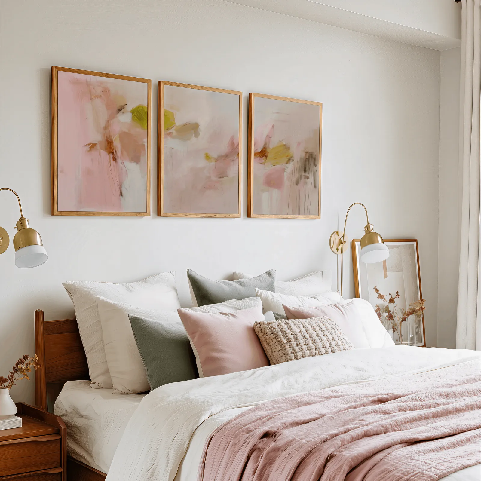 pink abstract wall art set of 3 in blush and olive, in a row above a pink and cream bed with brass sconces