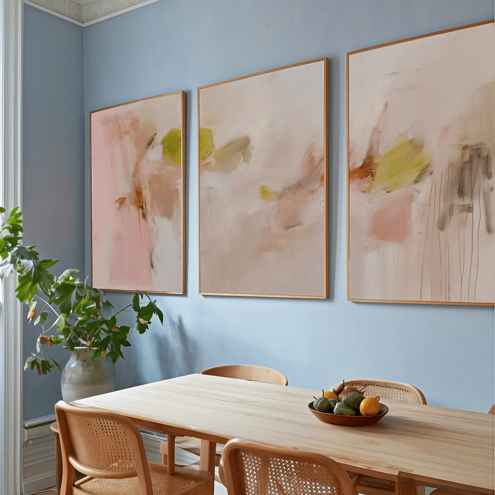 pink abstract wall art set of 3 in blush and olive, above a wooden dining table with cane chairs and a fruit bowl