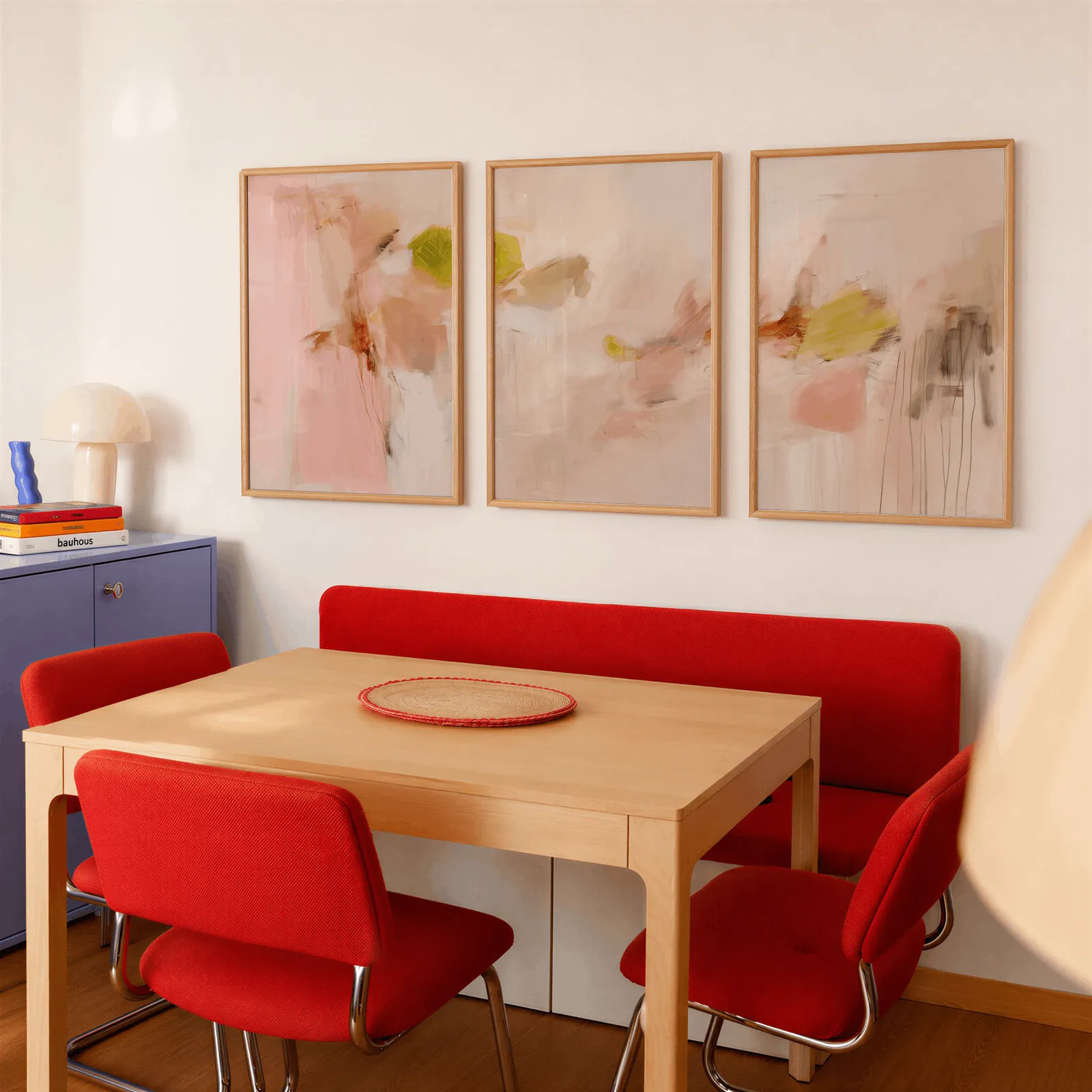 pink abstract wall art set of 3 in blush and olive, above a red banquette bench beside a lavender cabinet