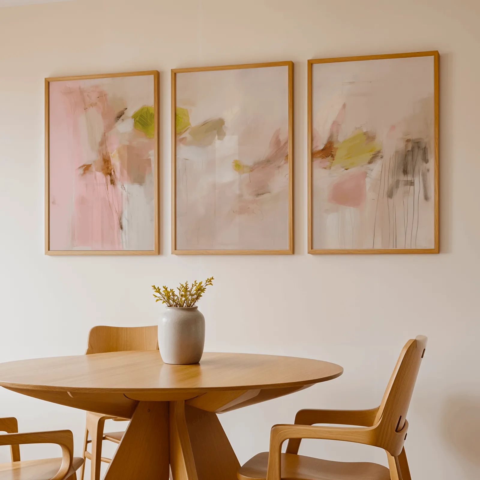 pink abstract wall art set of 3 in blush and olive, above a round wooden table with a stoneware vase