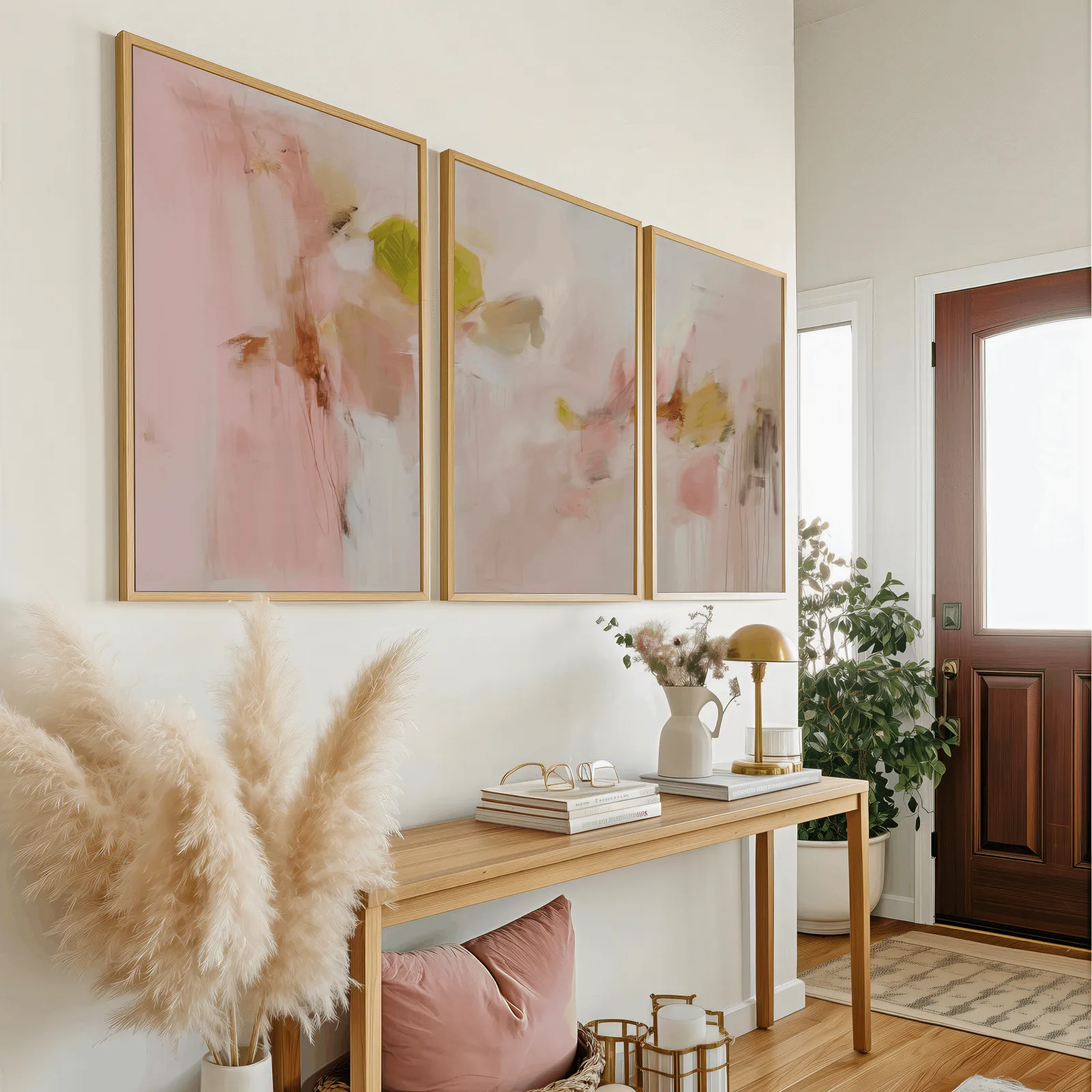 pink abstract wall art set of 3 in blush and olive, above a wooden console table near the entry door