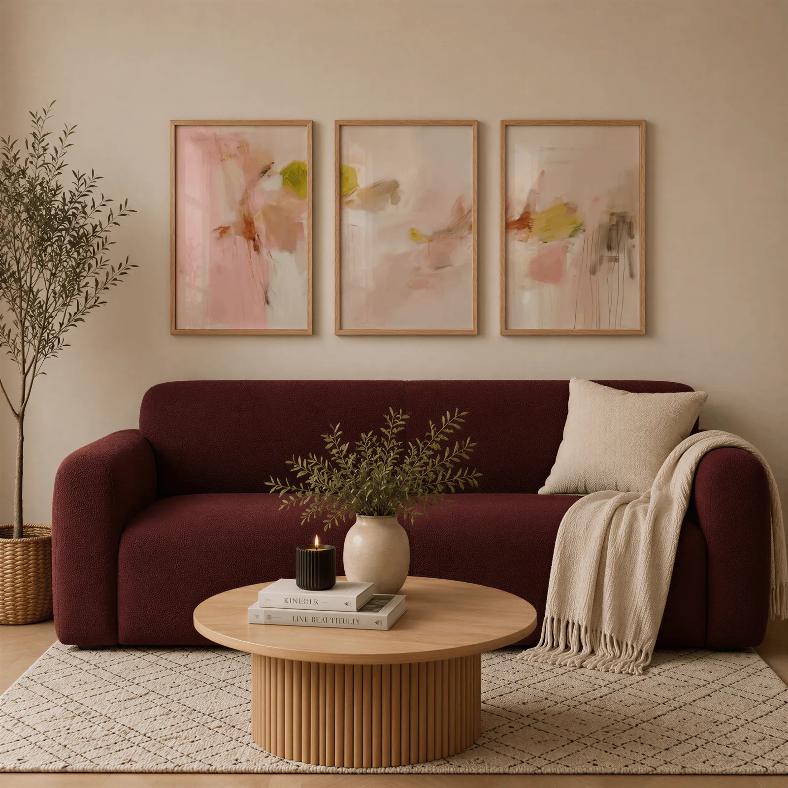 pink abstract wall art set of 3 in blush and olive, above a burgundy boucle sofa with a cream throw