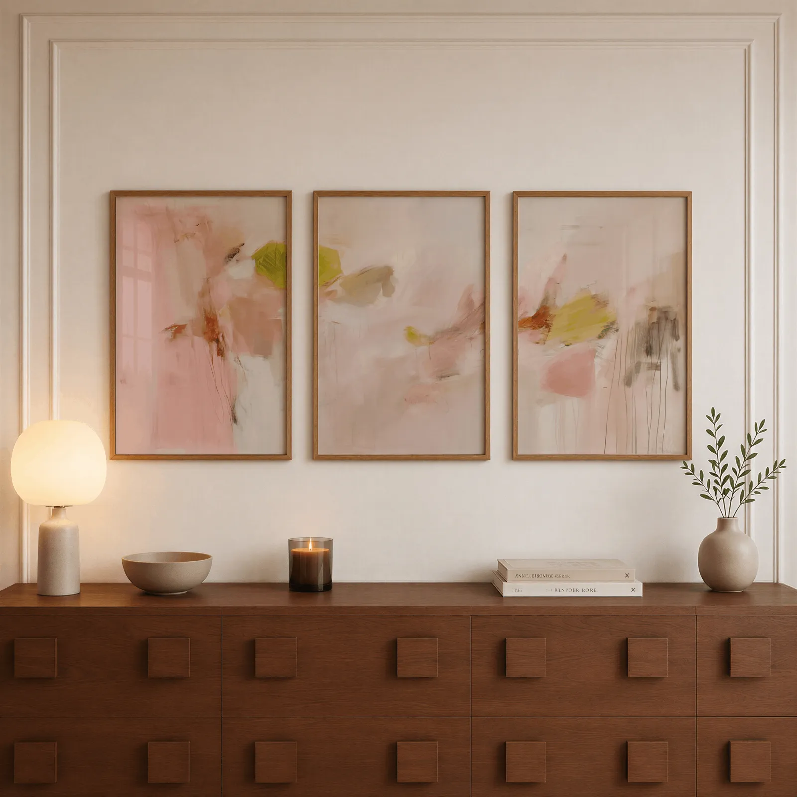 pink abstract wall art set of 3 in blush and olive, above a walnut sideboard with a lit candle and glowing lamp