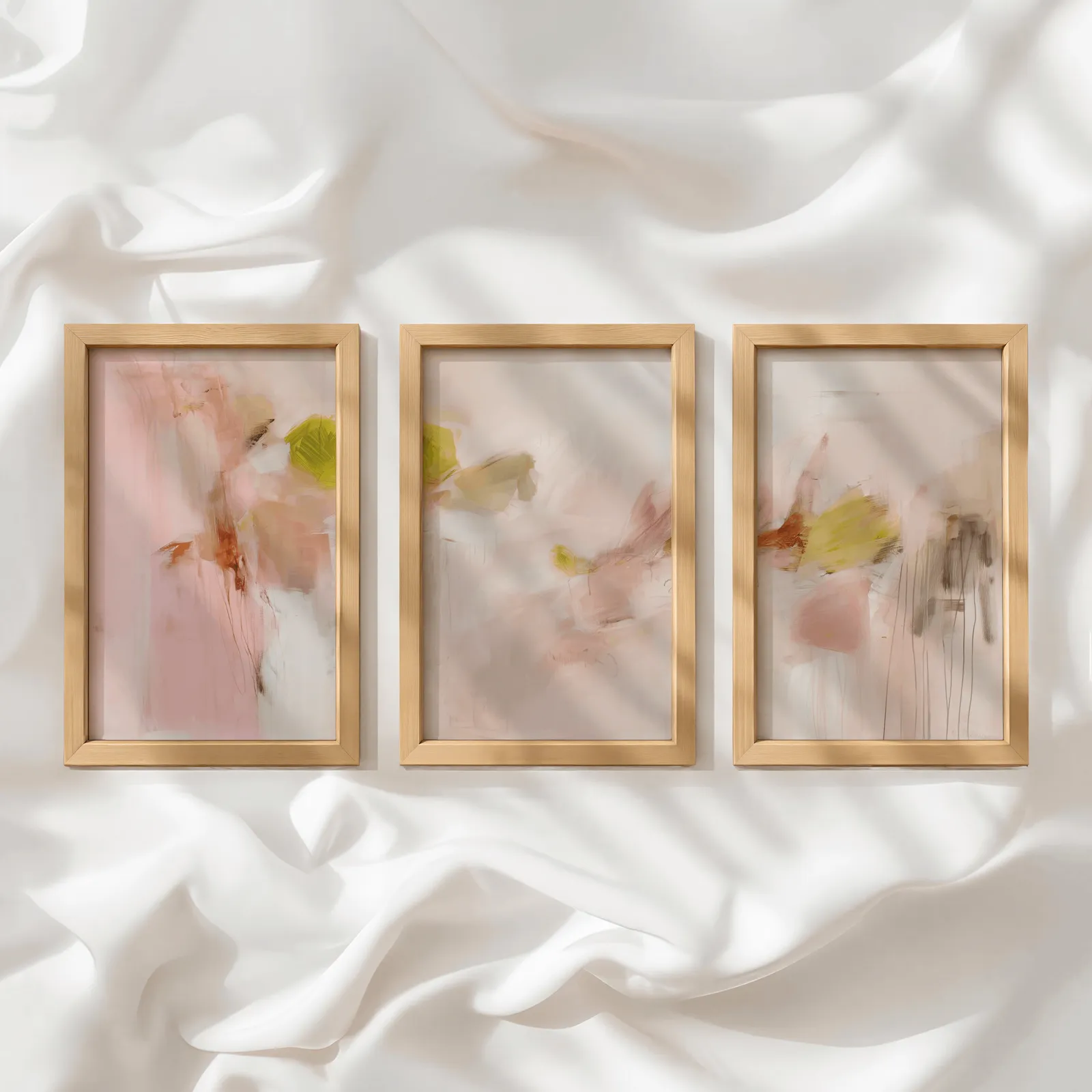 pink abstract wall art set of 3 in blush and olive, in a row atop rumpled white silky fabric