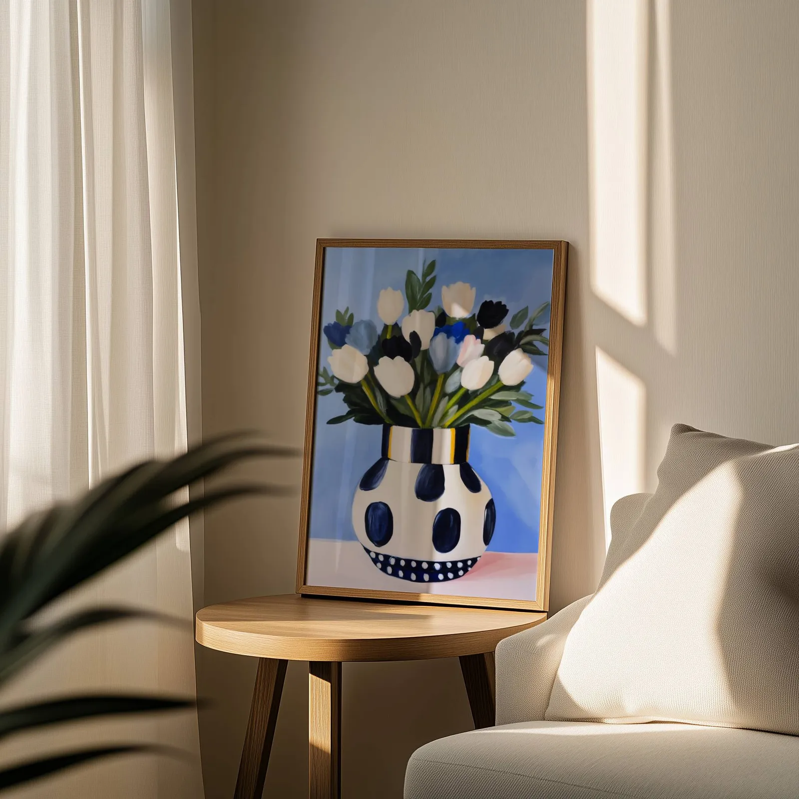 blue floral wall art with polka dot vase, leaning on a round wooden side table by a sheer curtain