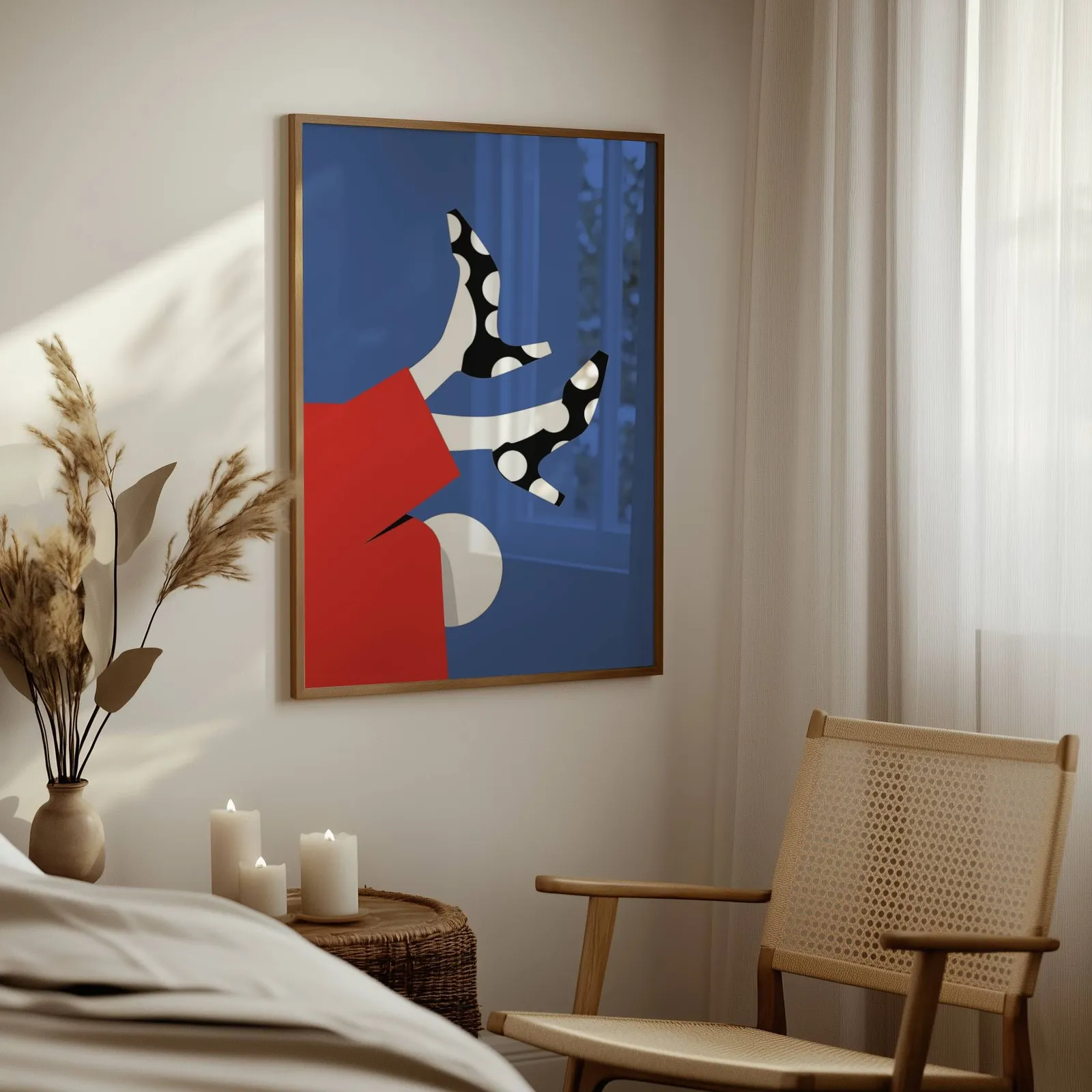 playful abstract woman wall art in red and blue, above a woven side table with lit candles and pampas grass