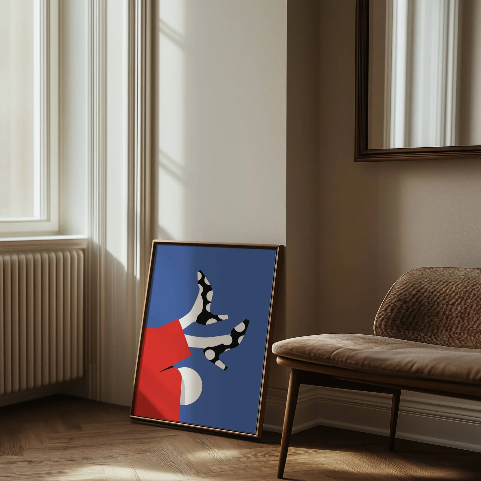 playful abstract woman wall art in red and blue, leaning against the wall beside a sunlit radiator and herringbone floor