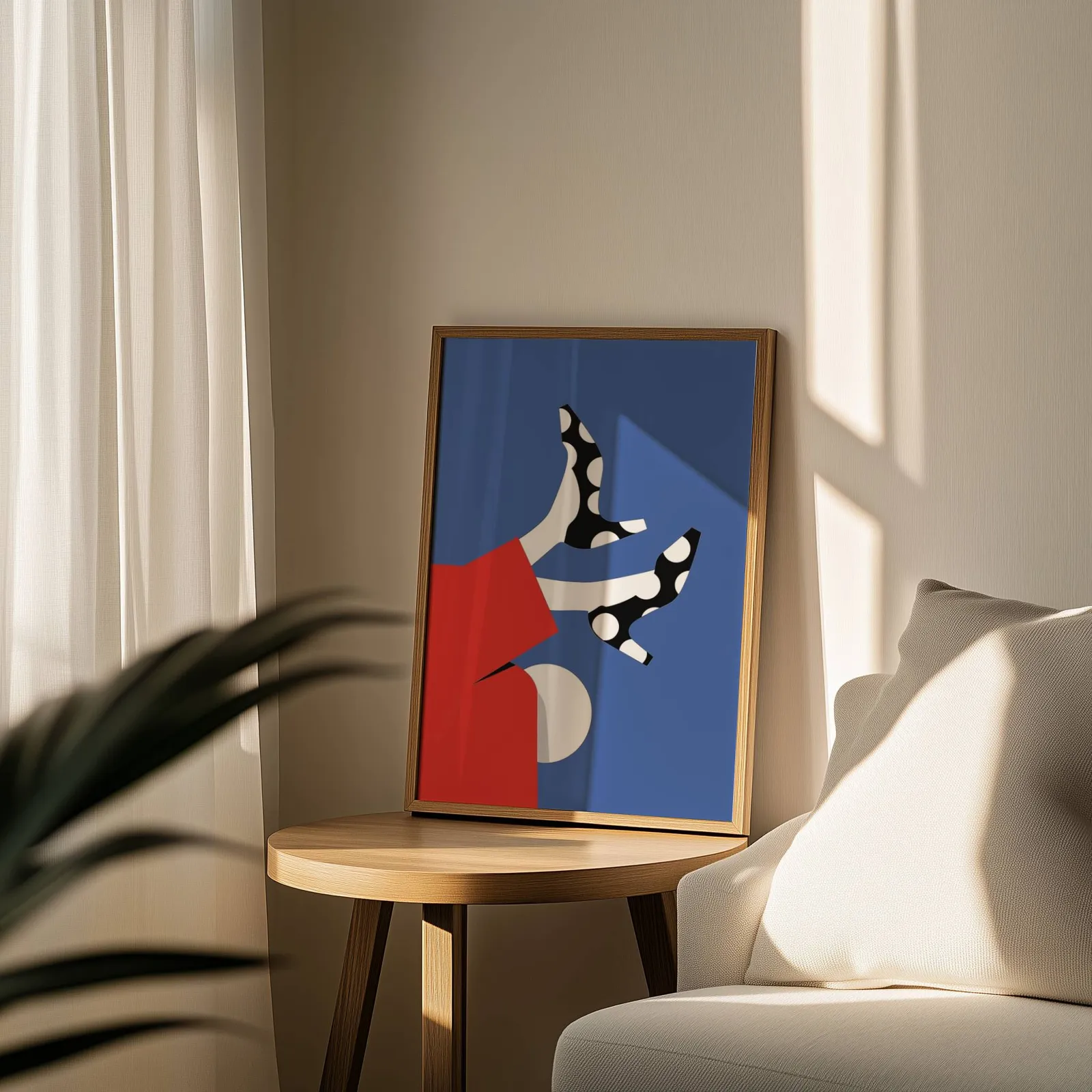 playful abstract woman wall art in red and blue, leaning on a round wooden side table by a sheer curtain