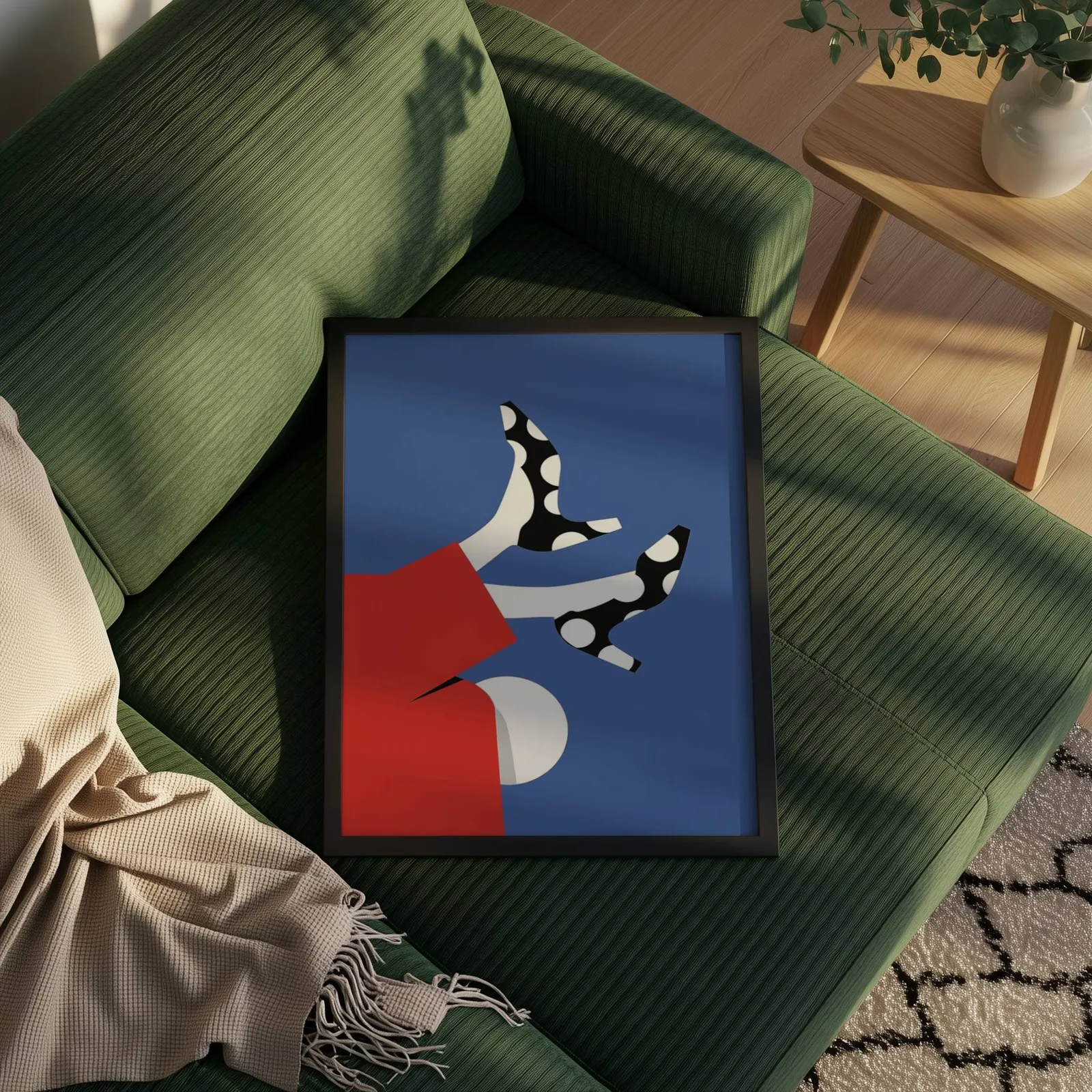 playful abstract woman wall art in red and blue, propped on a ribbed olive-green sofa beside a fringed throw