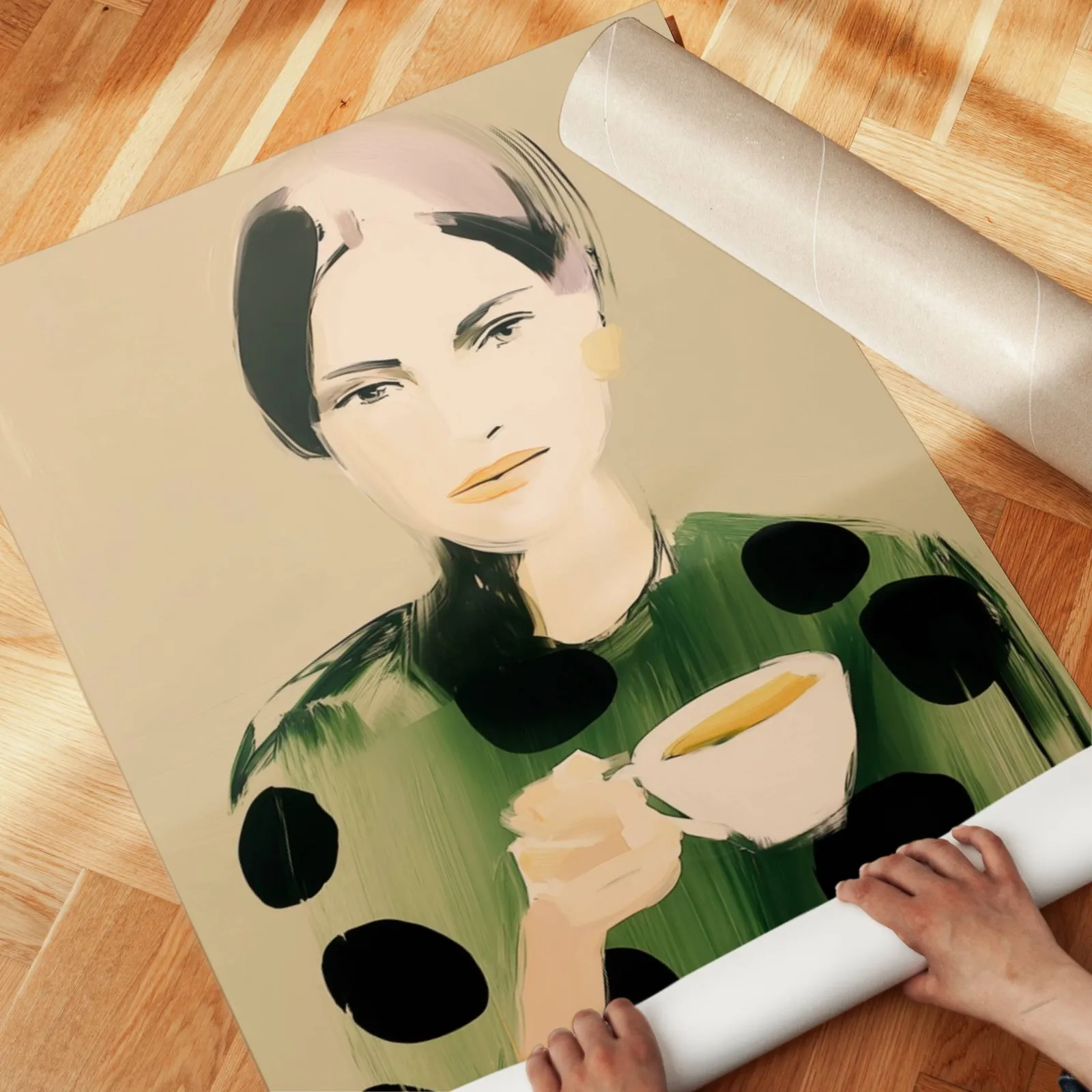green polka dot portrait wall art woman with teacup, unrolled across a herringbone parquet floor by hand