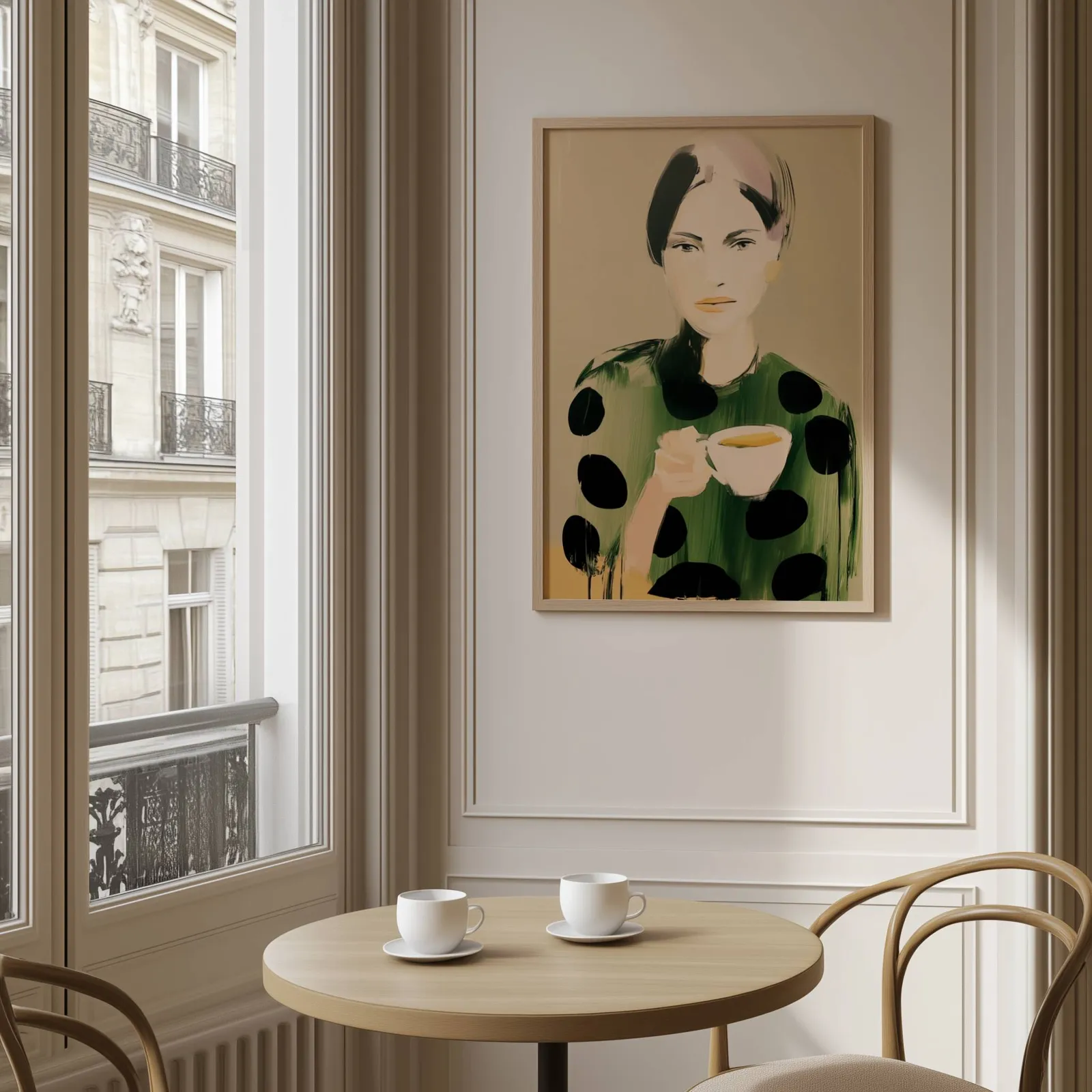 green polka dot portrait wall art woman with teacup, above a round café table set with two coffee cups
