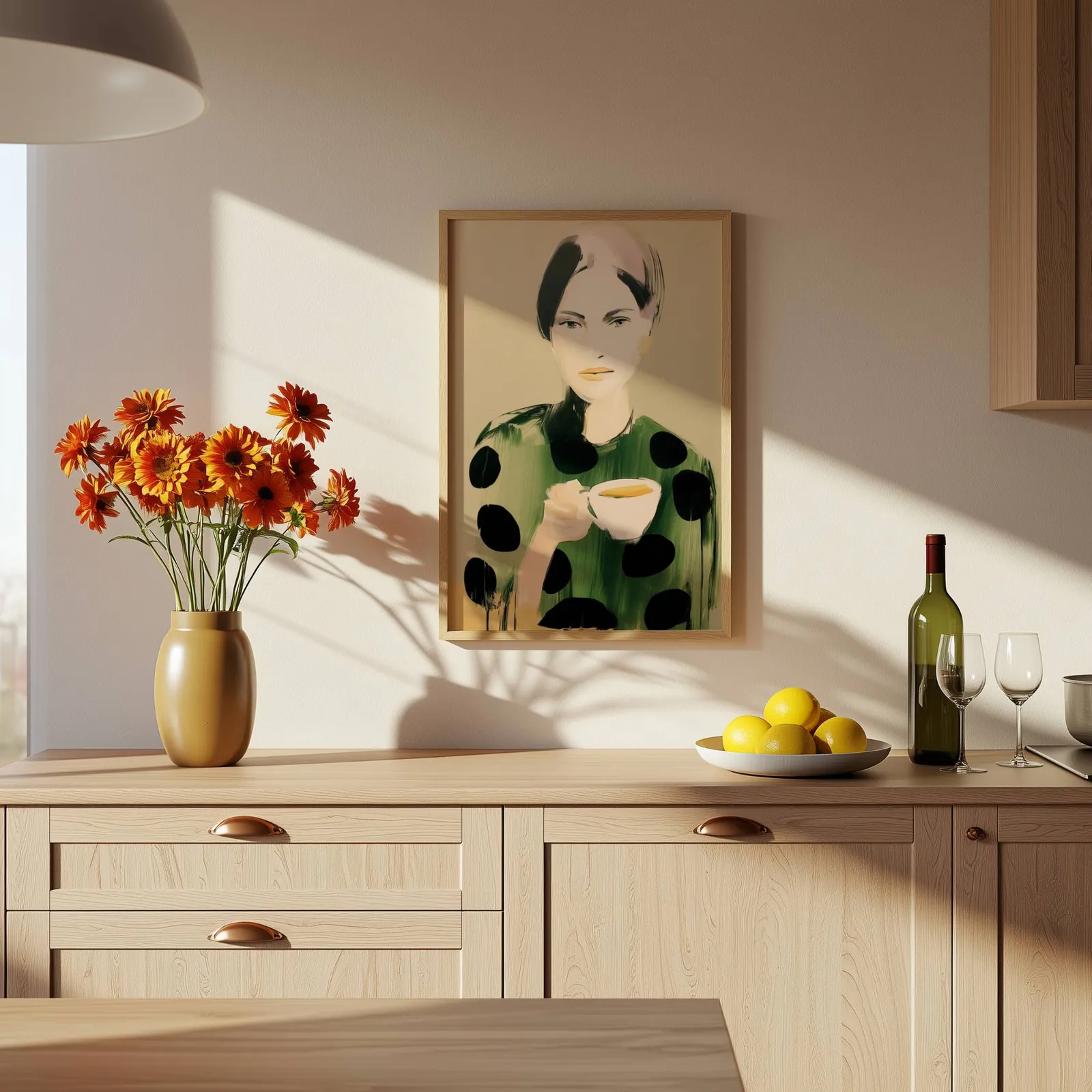 green polka dot portrait wall art woman with teacup, above a wooden counter with a bowl of lemons
