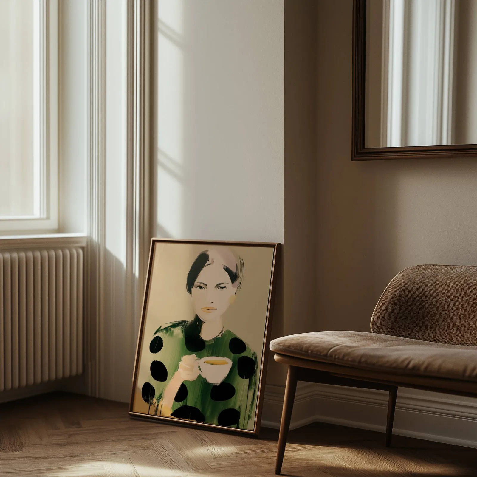 green polka dot portrait wall art woman with teacup, leaning against the wall beside a sunlit radiator and herringbone floor