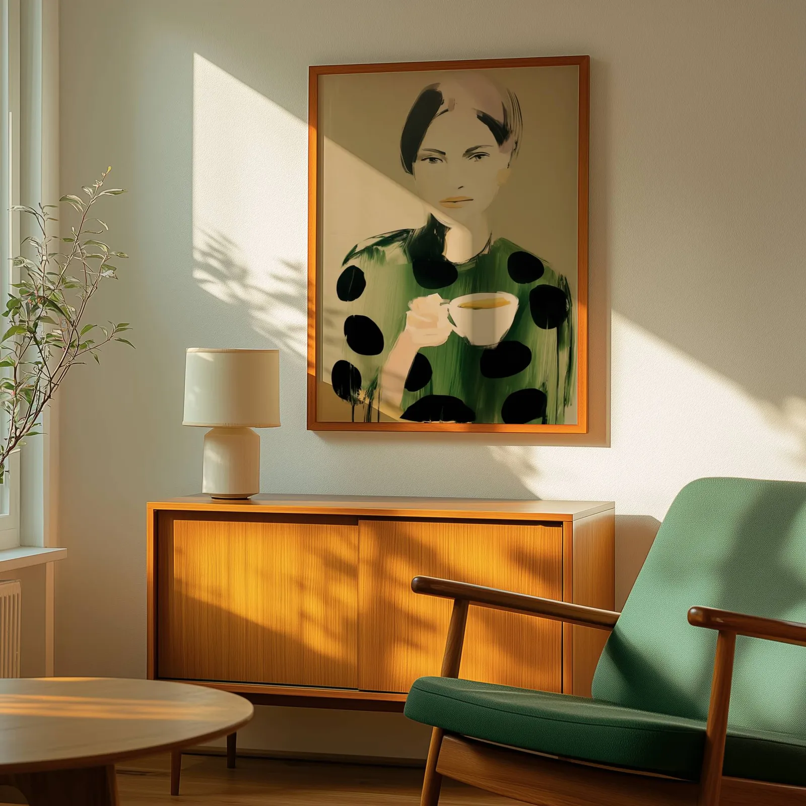 green polka dot portrait wall art woman with teacup, above a wooden sideboard with a ceramic lamp and dappled sunlight