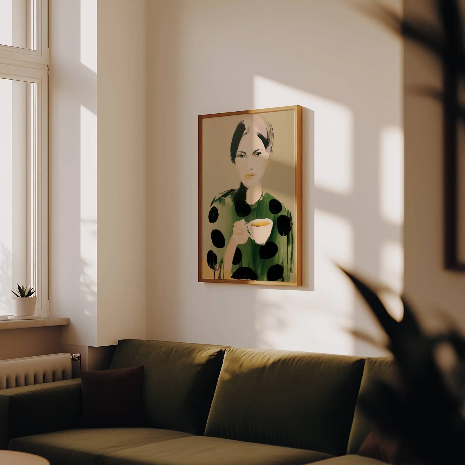 green polka dot portrait wall art woman with teacup, above an olive velvet sofa in raking afternoon light