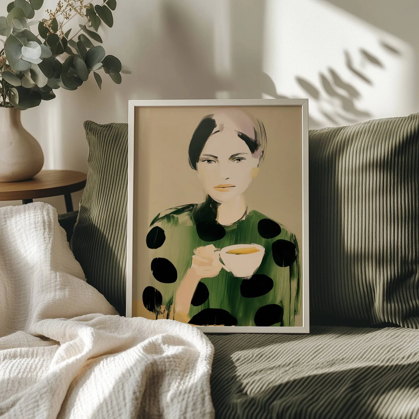 green polka dot portrait wall art woman with teacup, propped on an olive corduroy sofa beside a eucalyptus vase