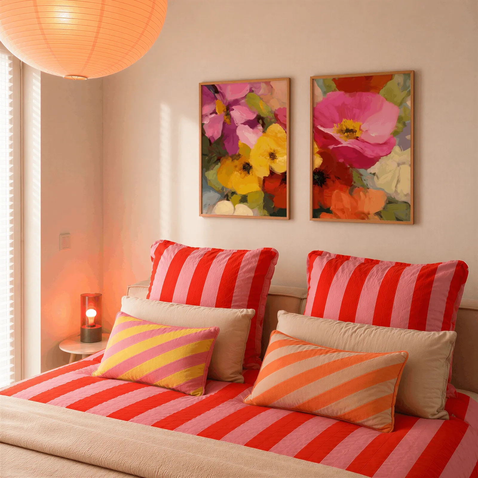 colorful floral wall art set of two, above a bed piled with red and pink striped pillows
