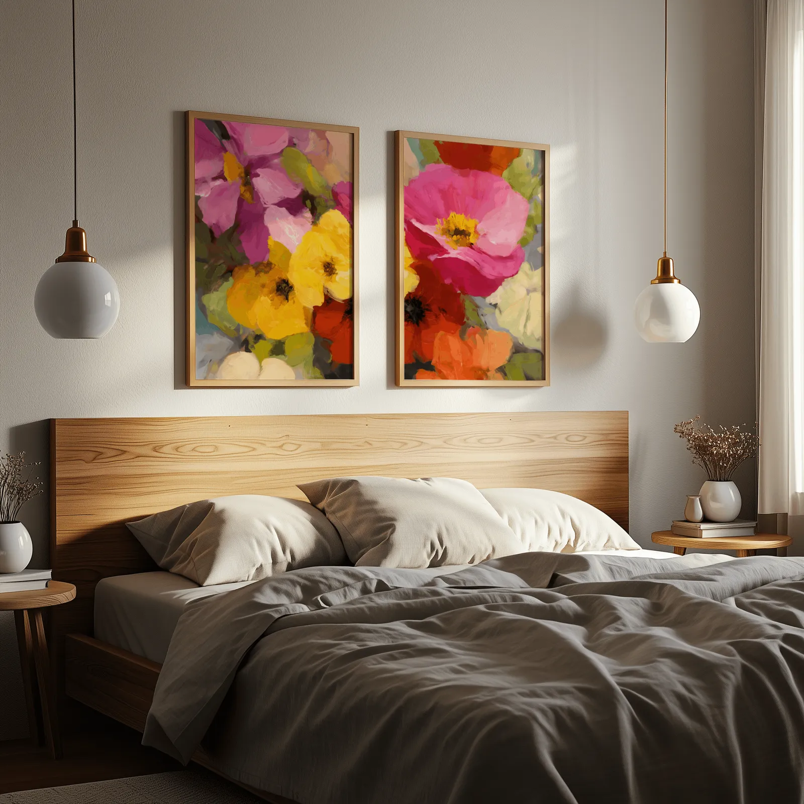 colorful floral wall art set of two, above a wooden headboard flanked by globe pendant lights