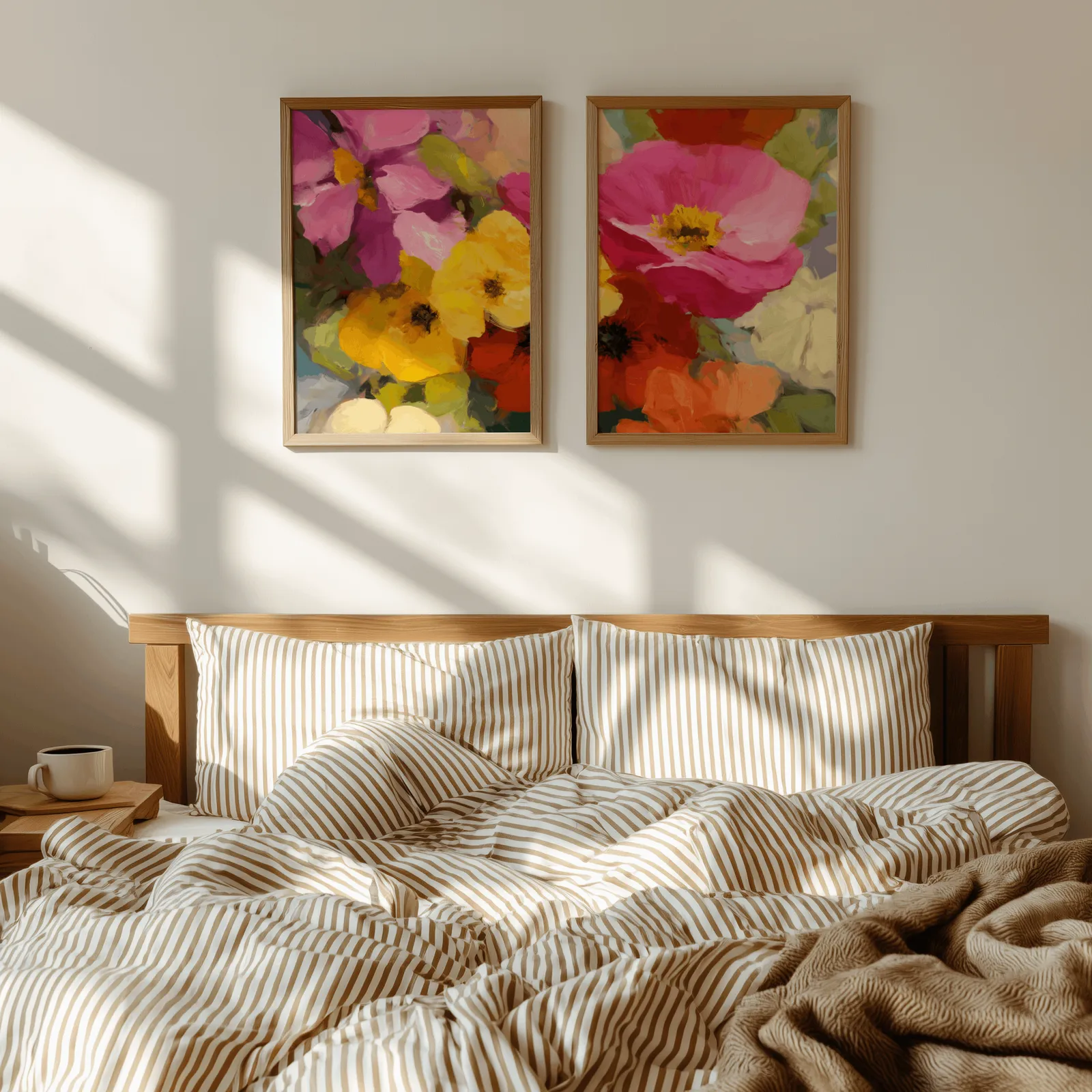 colorful floral wall art set of two, above a wooden headboard with striped bedding and raking sunlight